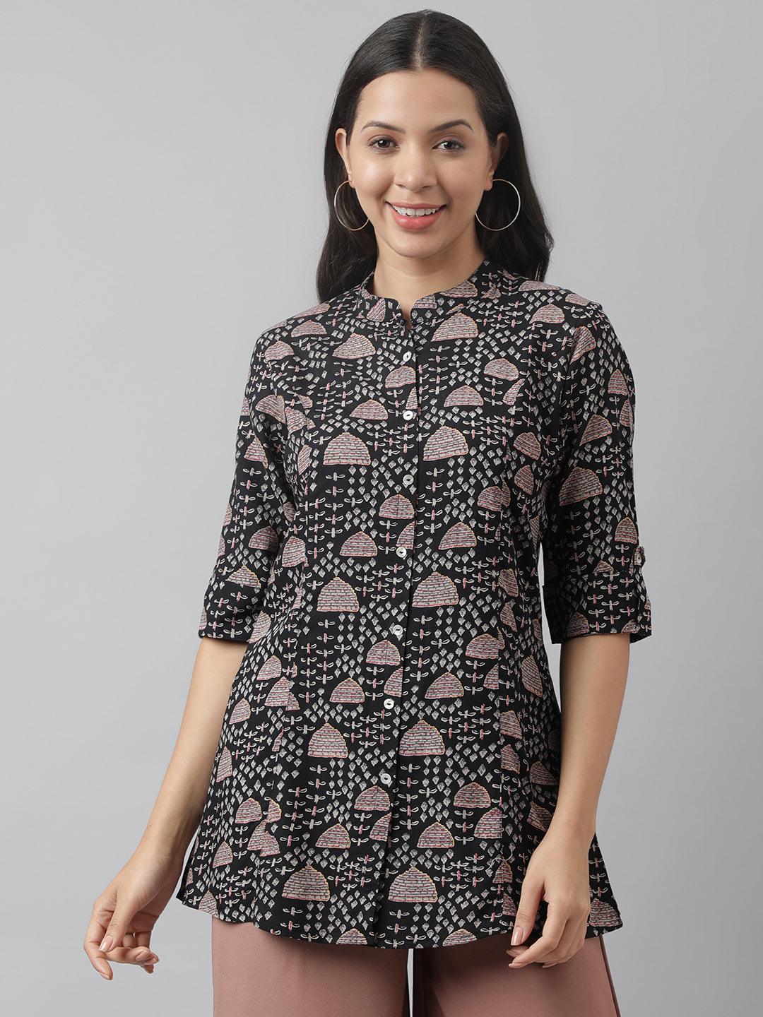 Women's Black Floral Printed Rayon A-line Shirt Style Top - Taantav