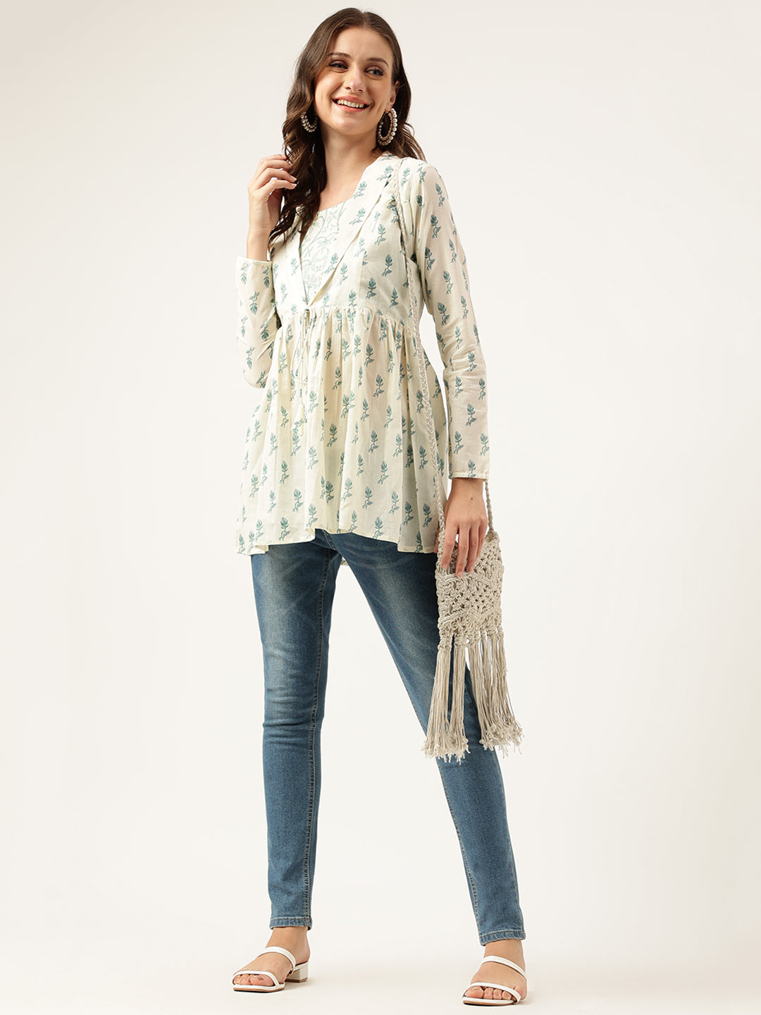 Women's Green Floral Printed Empire Cotton Tops - Taantav