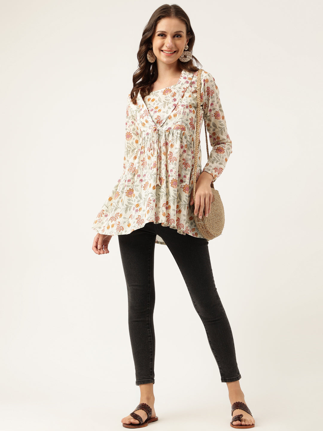 Women's Brown Floral Printed Empire Cotton Tops - Taantav