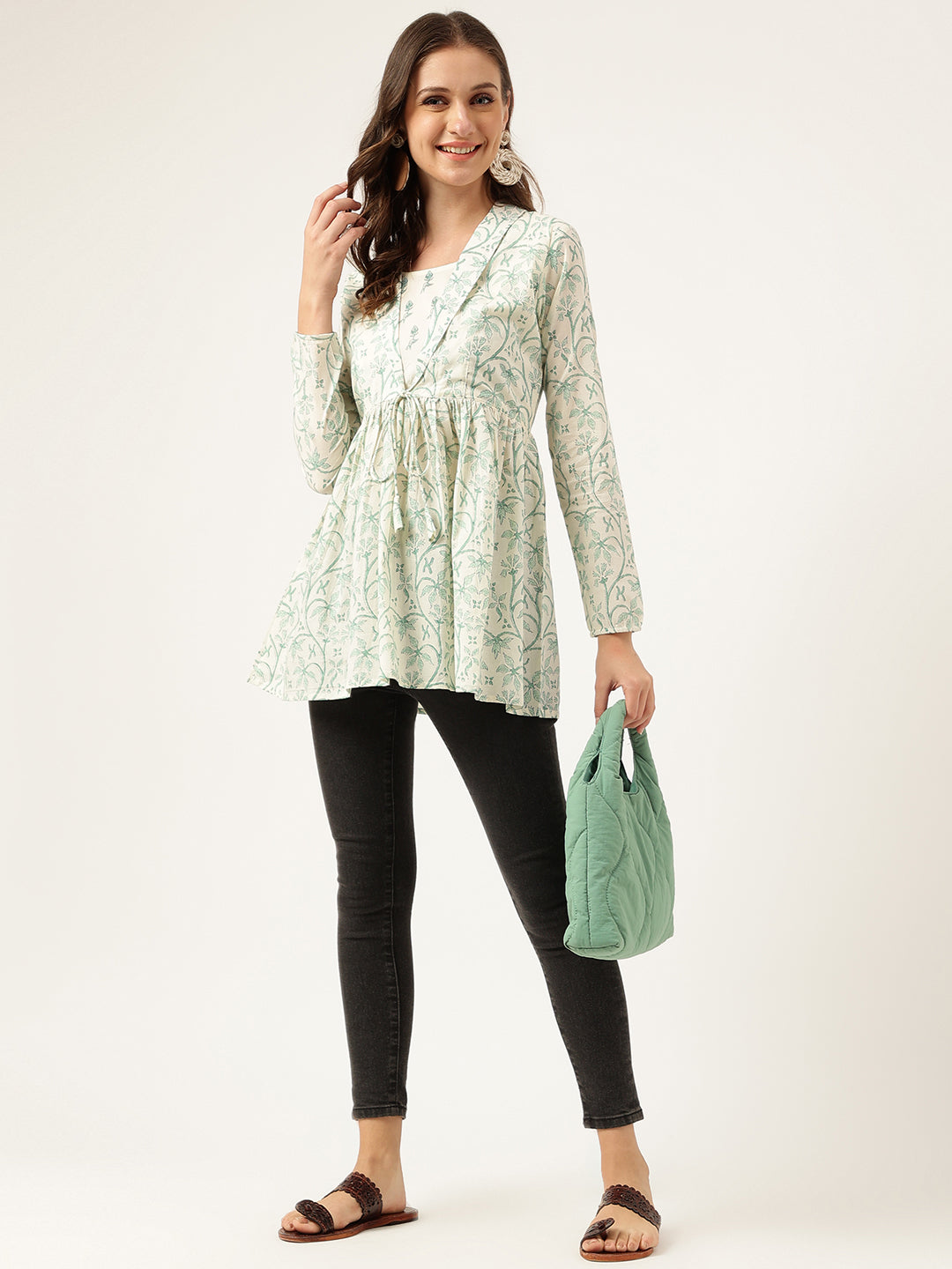 Women's Sea Green Floral Printed Empire Cotton Tops - Taantav