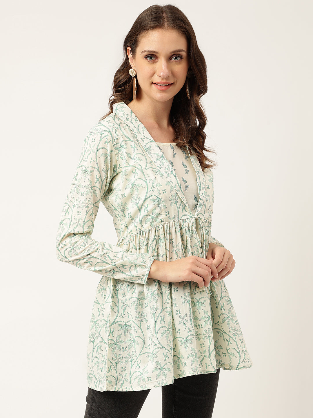 Women's Sea Green Floral Printed Empire Cotton Tops - Taantav