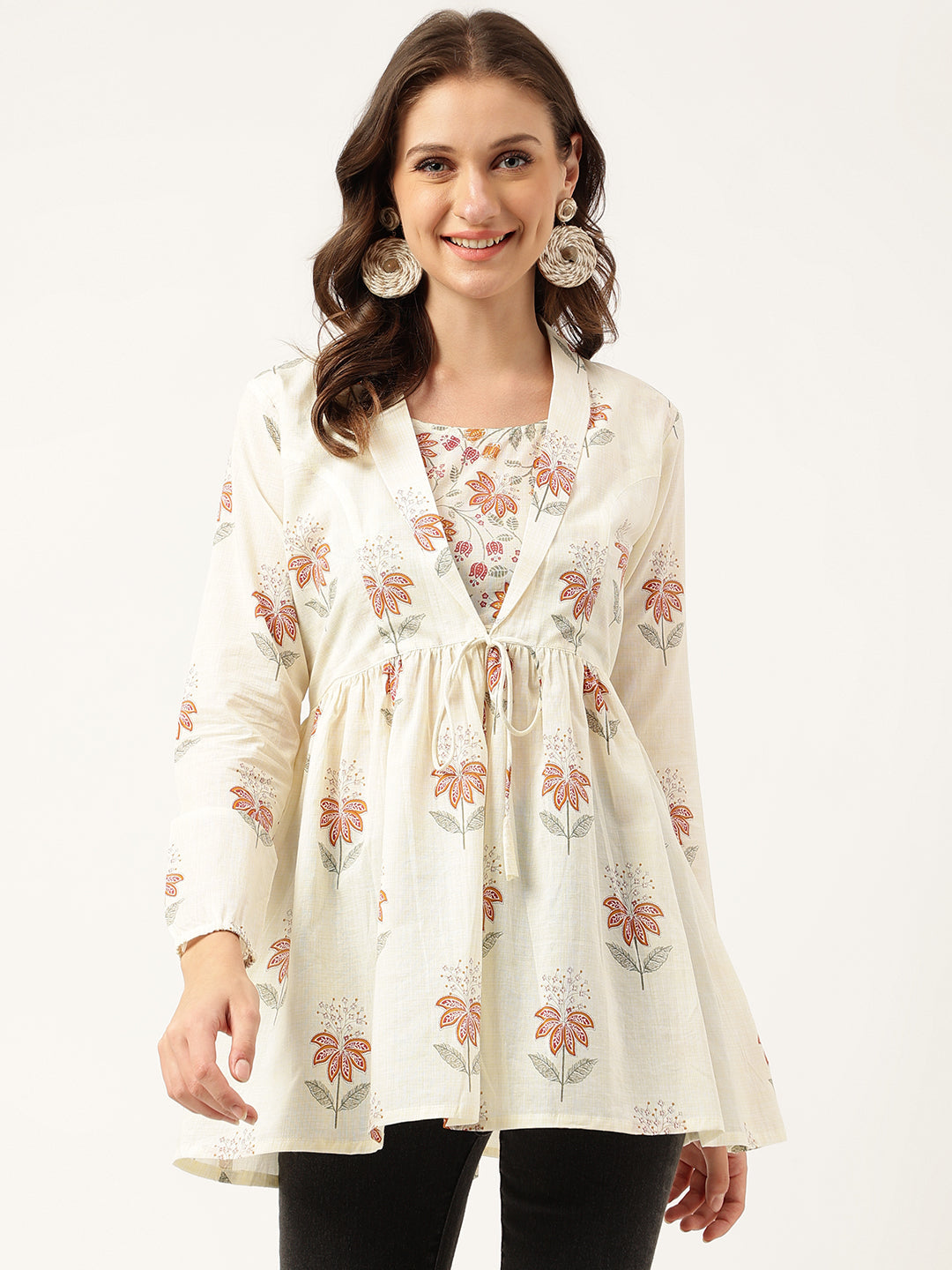 Women's Floral Printed Cream Empire Cotton Tops - Taantav