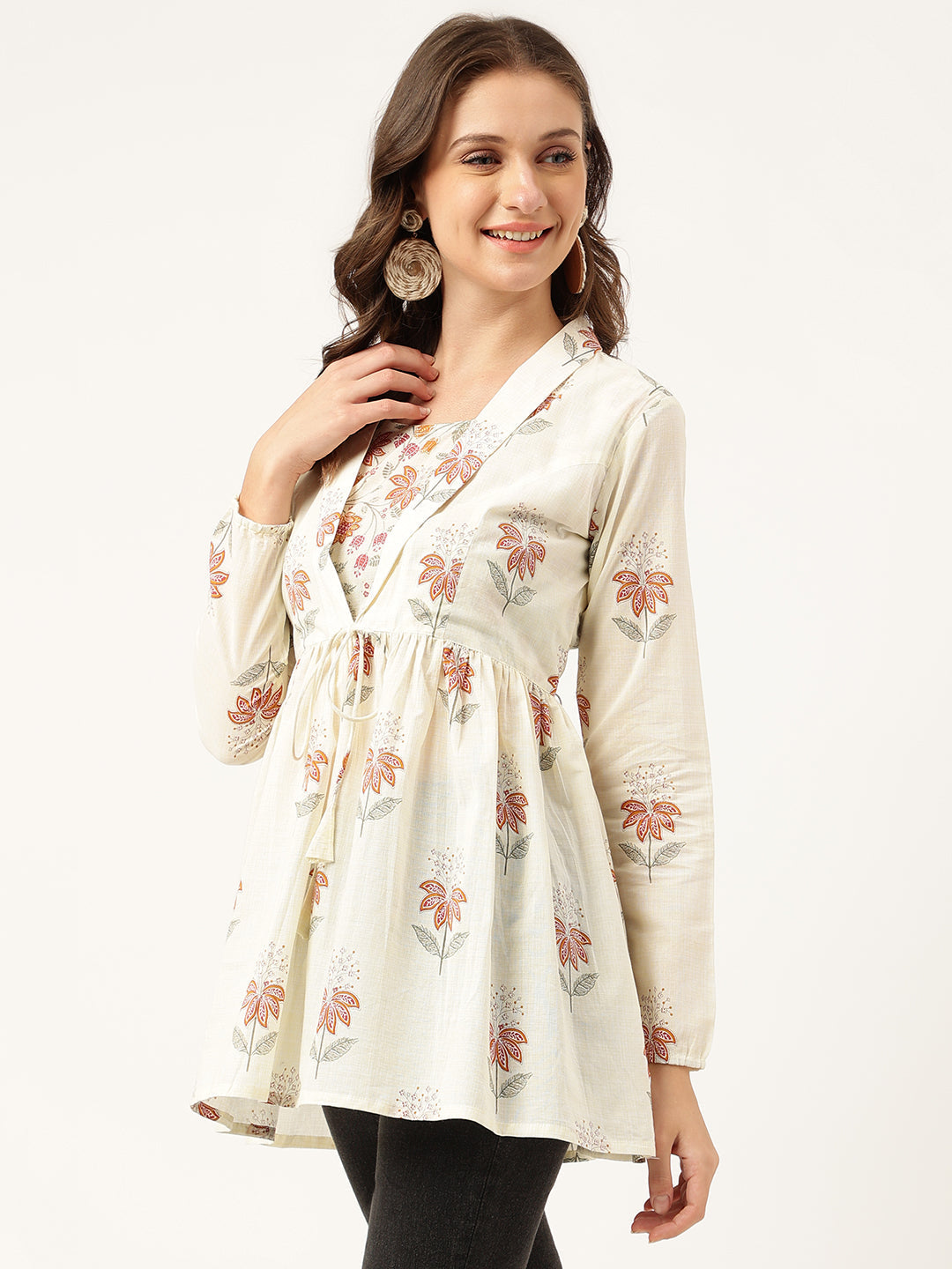 Women's Floral Printed Cream Empire Cotton Tops - Taantav