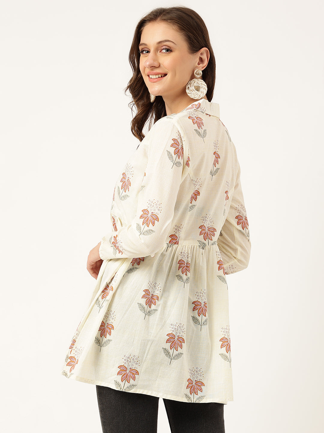 Women's Floral Printed Cream Empire Cotton Tops - Taantav