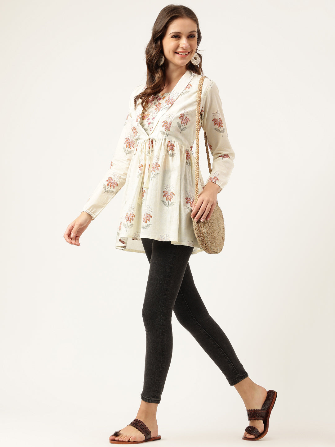 Women's Floral Printed Cream Empire Cotton Tops - Taantav