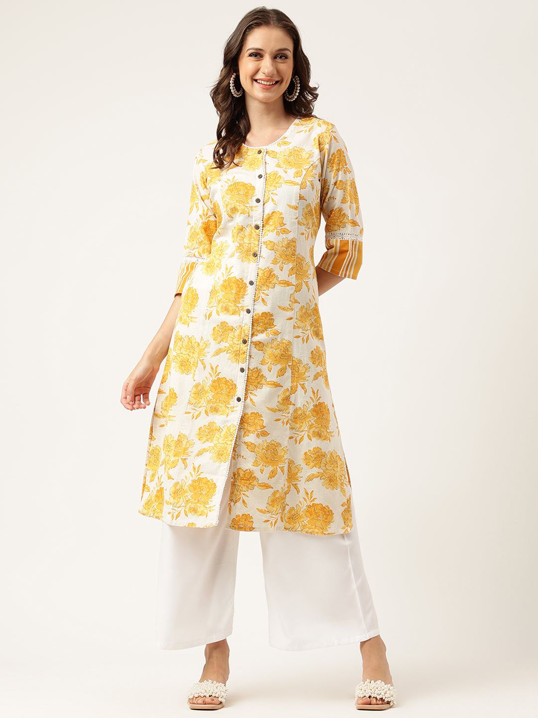 Women's Mustard Floral Printed A-Line Cotton Kurta - Taantav