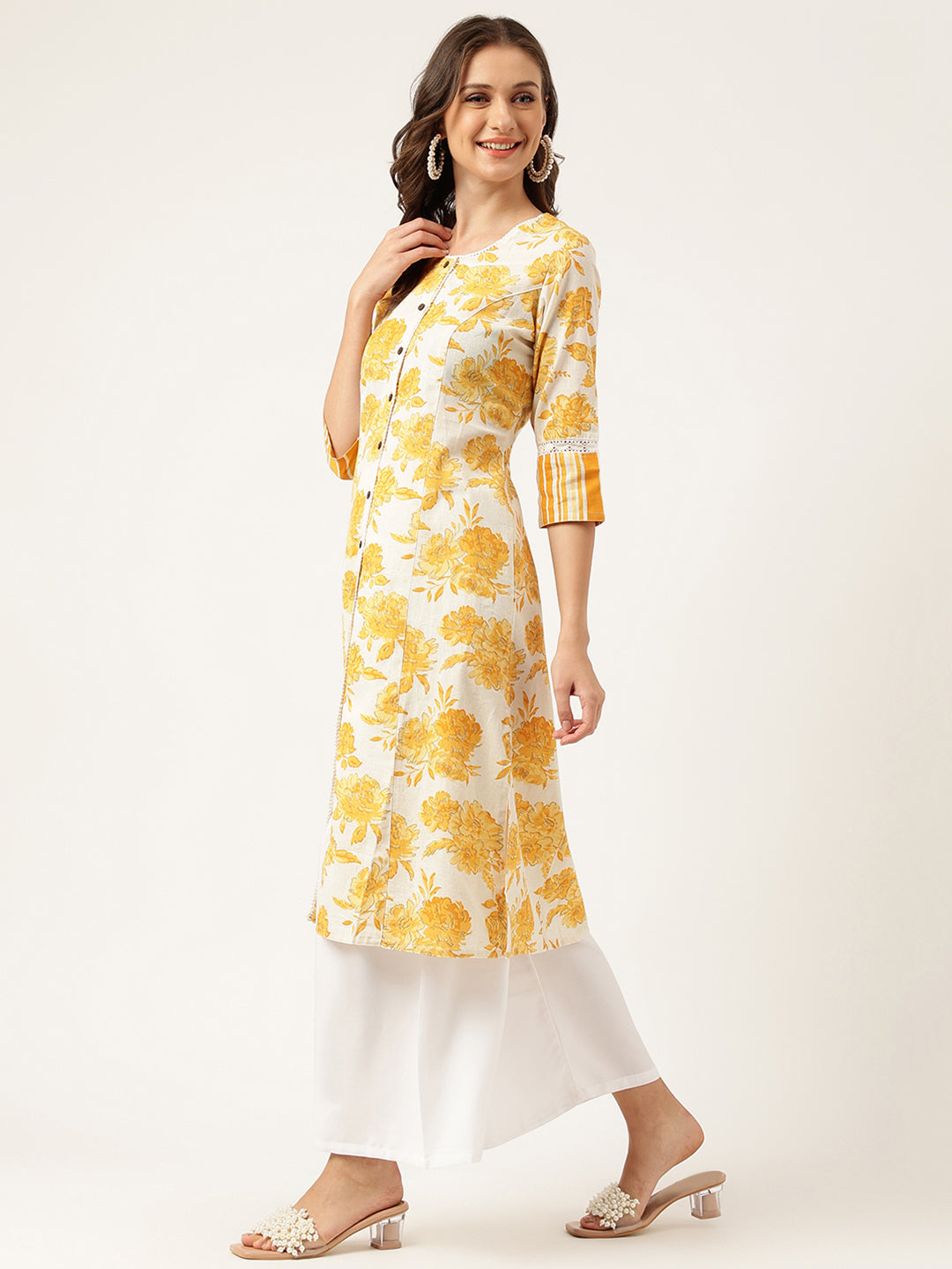 Women's Mustard Floral Printed A-Line Cotton Kurta - Taantav