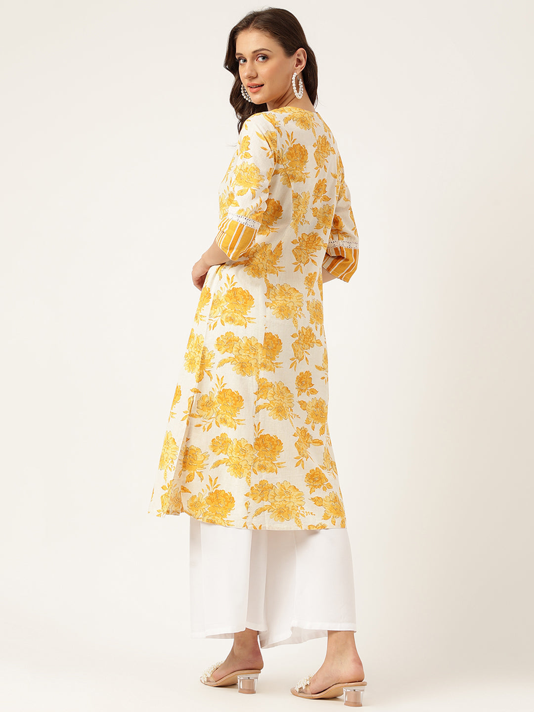 Women's Mustard Floral Printed A-Line Cotton Kurta - Taantav