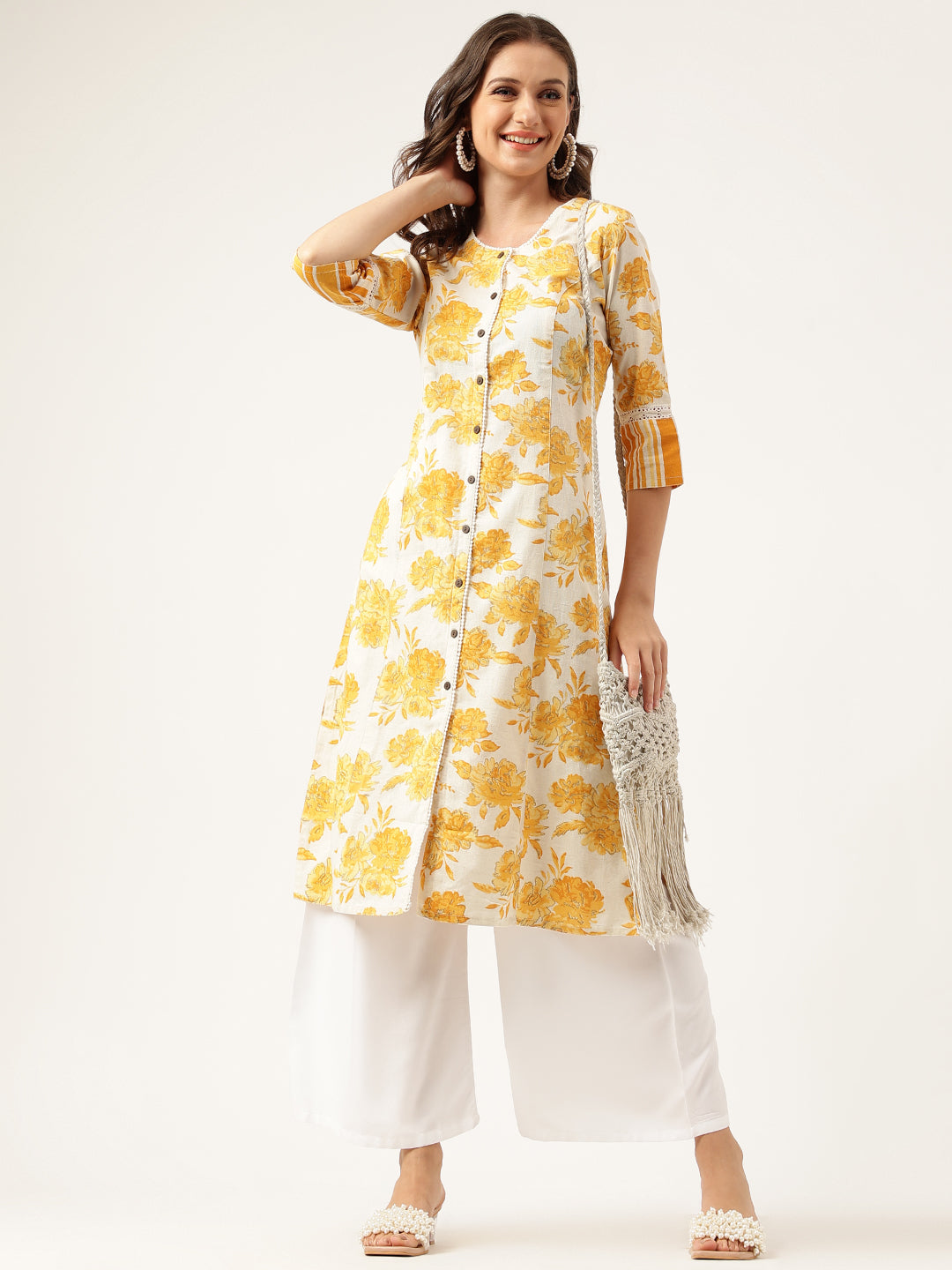 Women's Mustard Floral Printed A-Line Cotton Kurta - Taantav