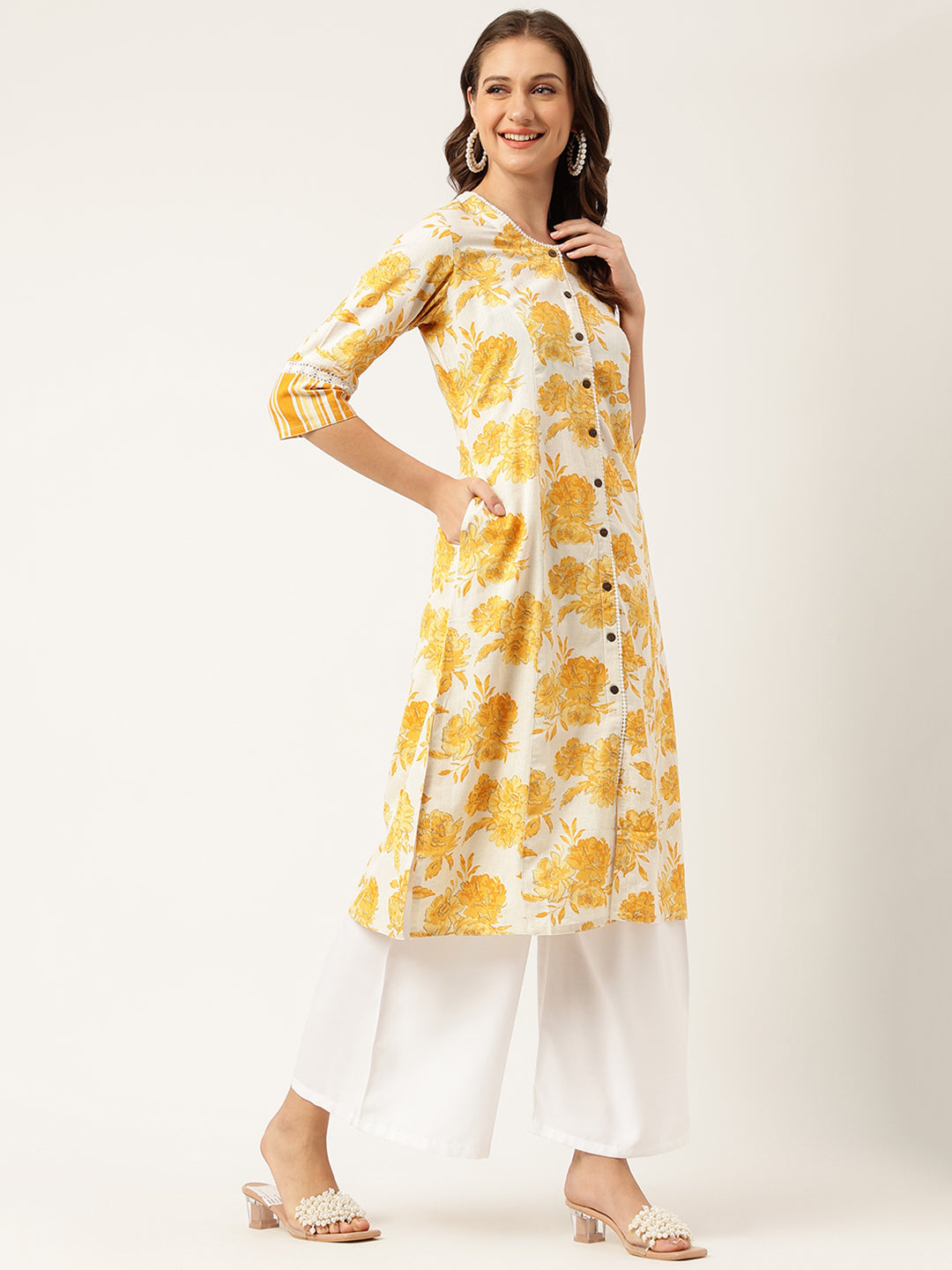 Women's Mustard Floral Printed A-Line Cotton Kurta - Taantav