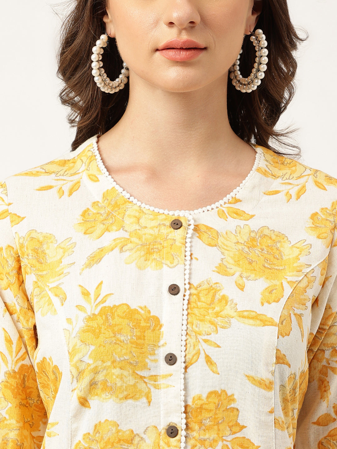 Women's Mustard Floral Printed A-Line Cotton Kurta - Taantav