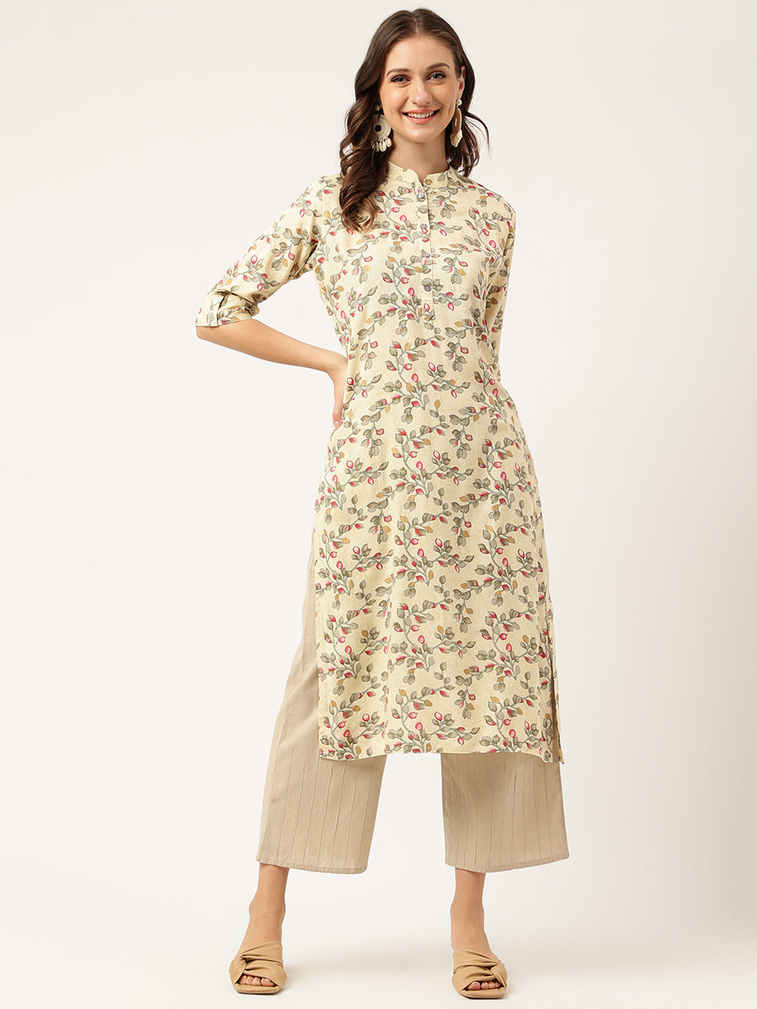 Women's Beige Floral Digital Printed Straight Fold Sleeve Kurta - Taantav