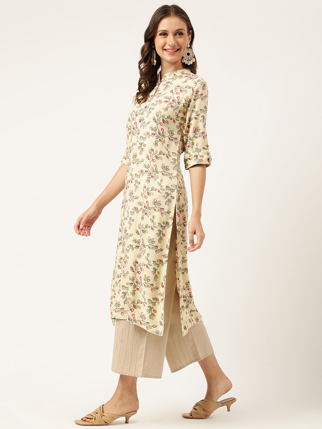 Women's Beige Floral Digital Printed Straight Fold Sleeve Kurta - Taantav