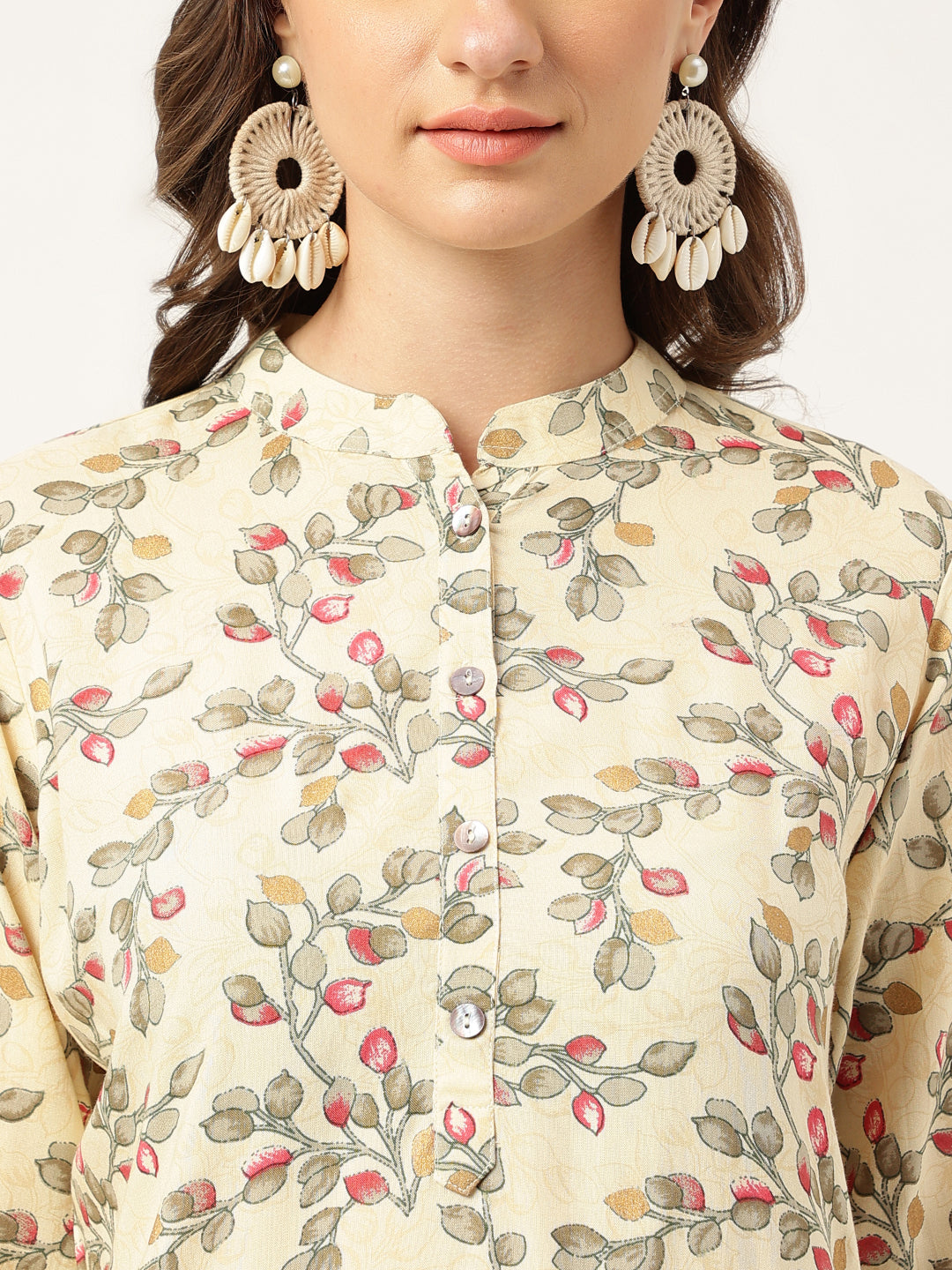 Women's Beige Floral Digital Printed Straight Fold Sleeve Kurta - Taantav