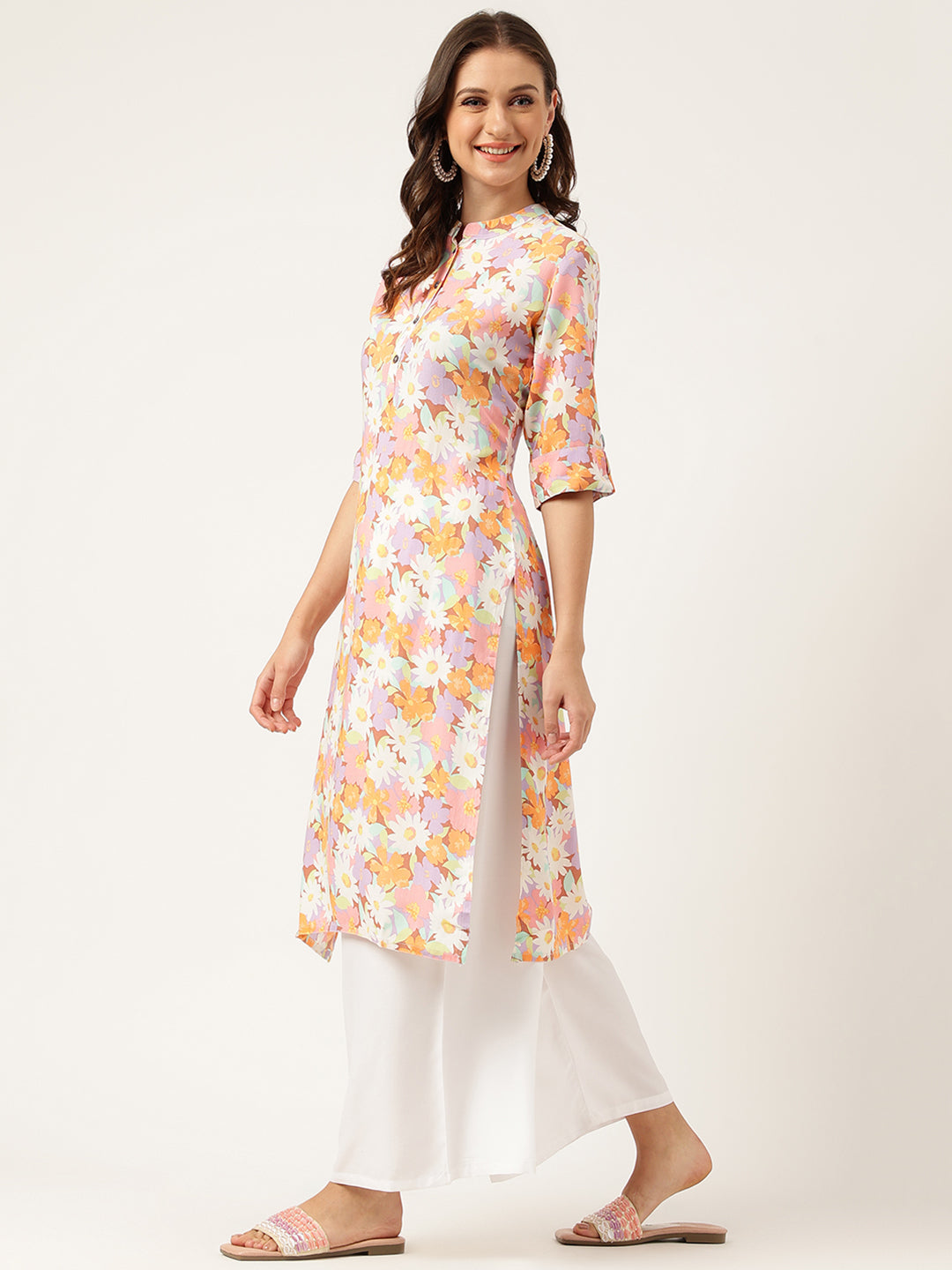 Women's Multi Colored Floral Digital Printed Straight Half Sleeve Kurta - Taantav