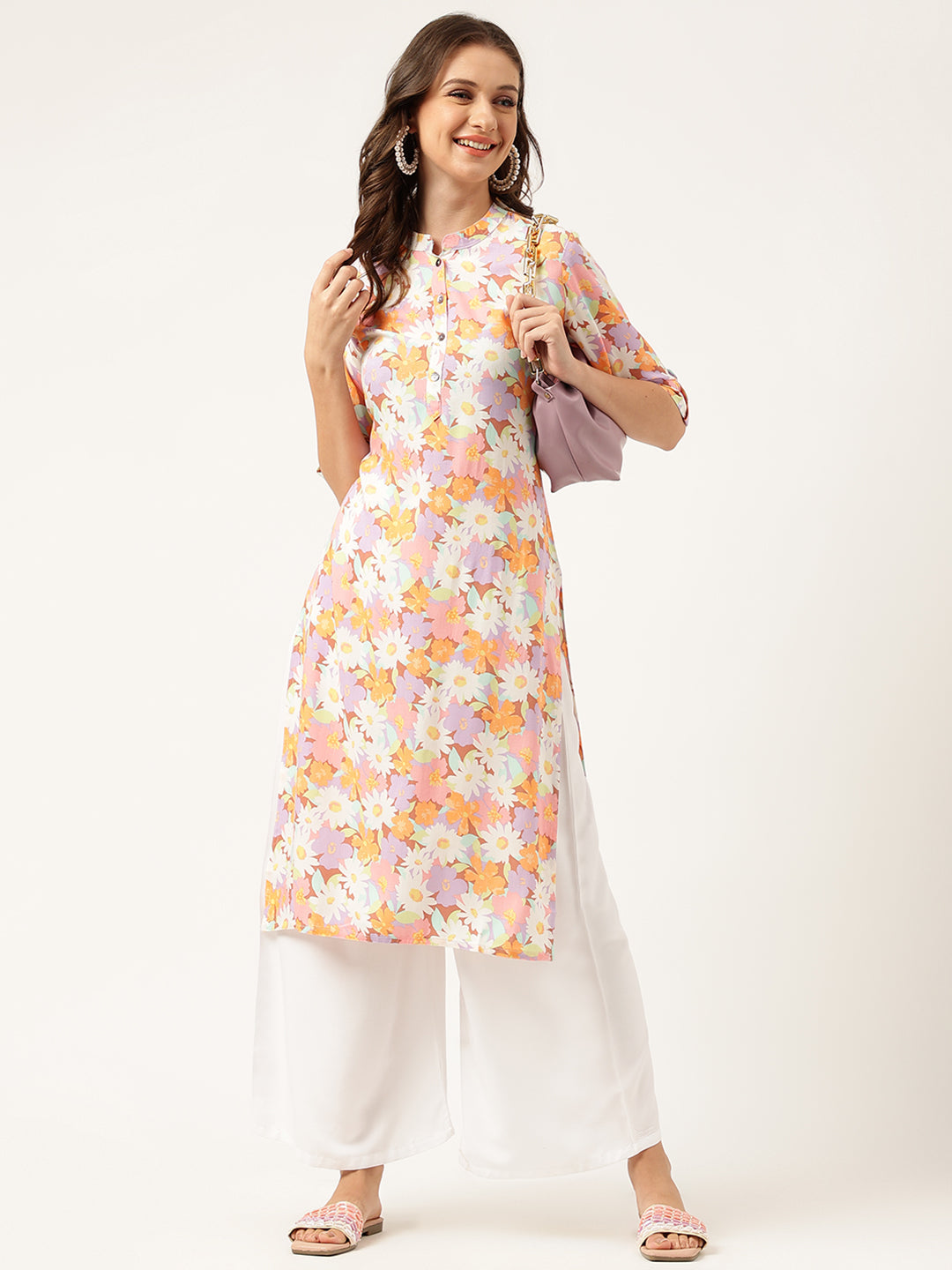 Women's Multi Colored Floral Digital Printed Straight Half Sleeve Kurta - Taantav