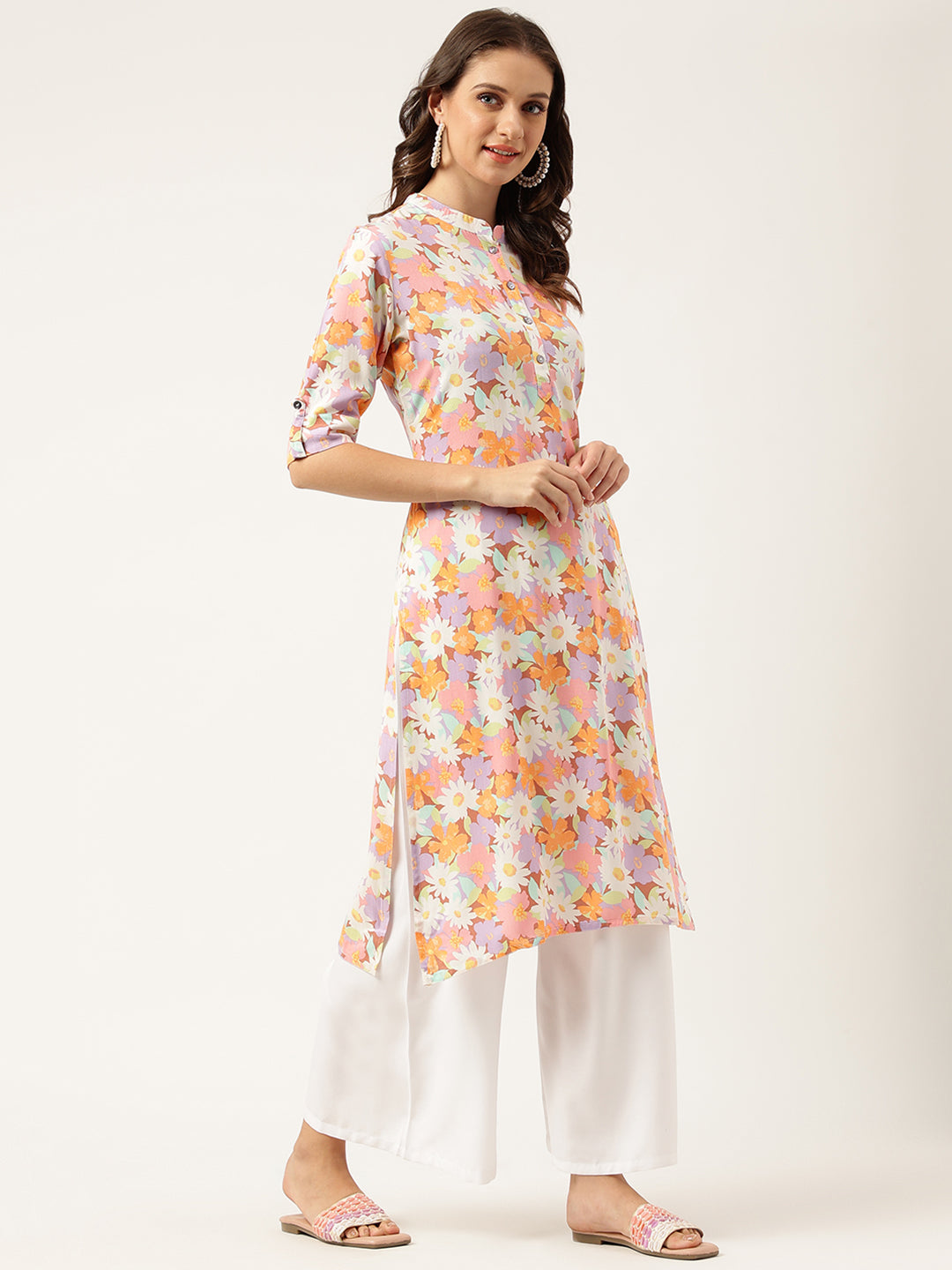 Women's Multi Colored Floral Digital Printed Straight Half Sleeve Kurta - Taantav