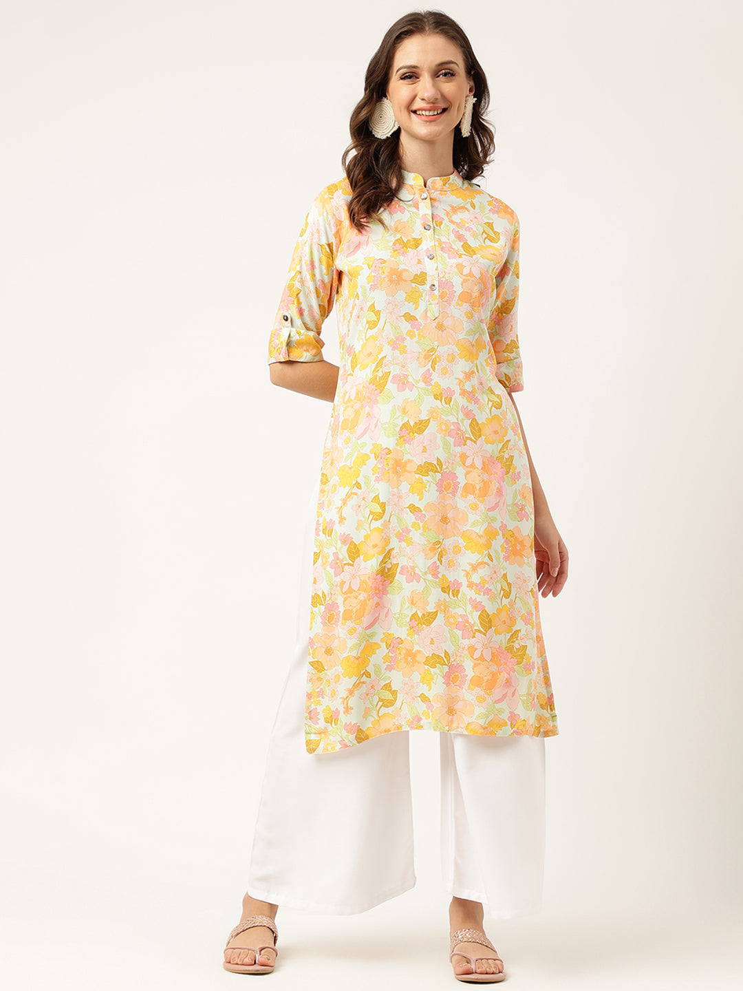 Women's Multi Colored Floral Digital Printed Straight Fold Sleeve Kurta - Taantav