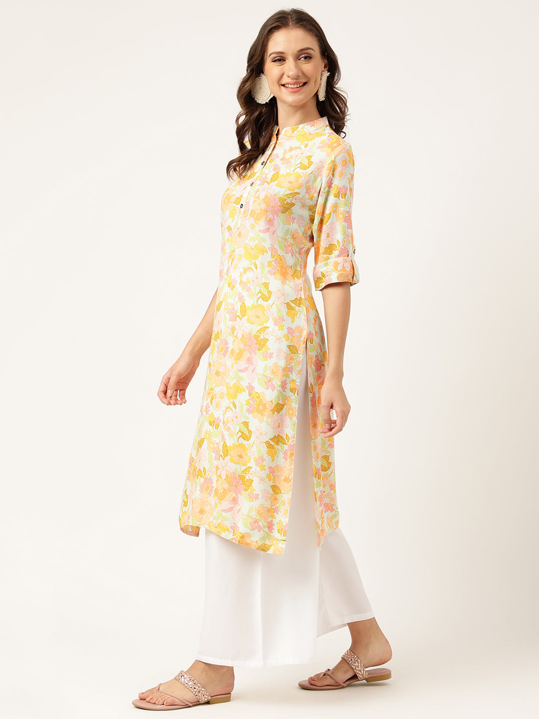 Women's Multi Colored Floral Digital Printed Straight Fold Sleeve Kurta - Taantav