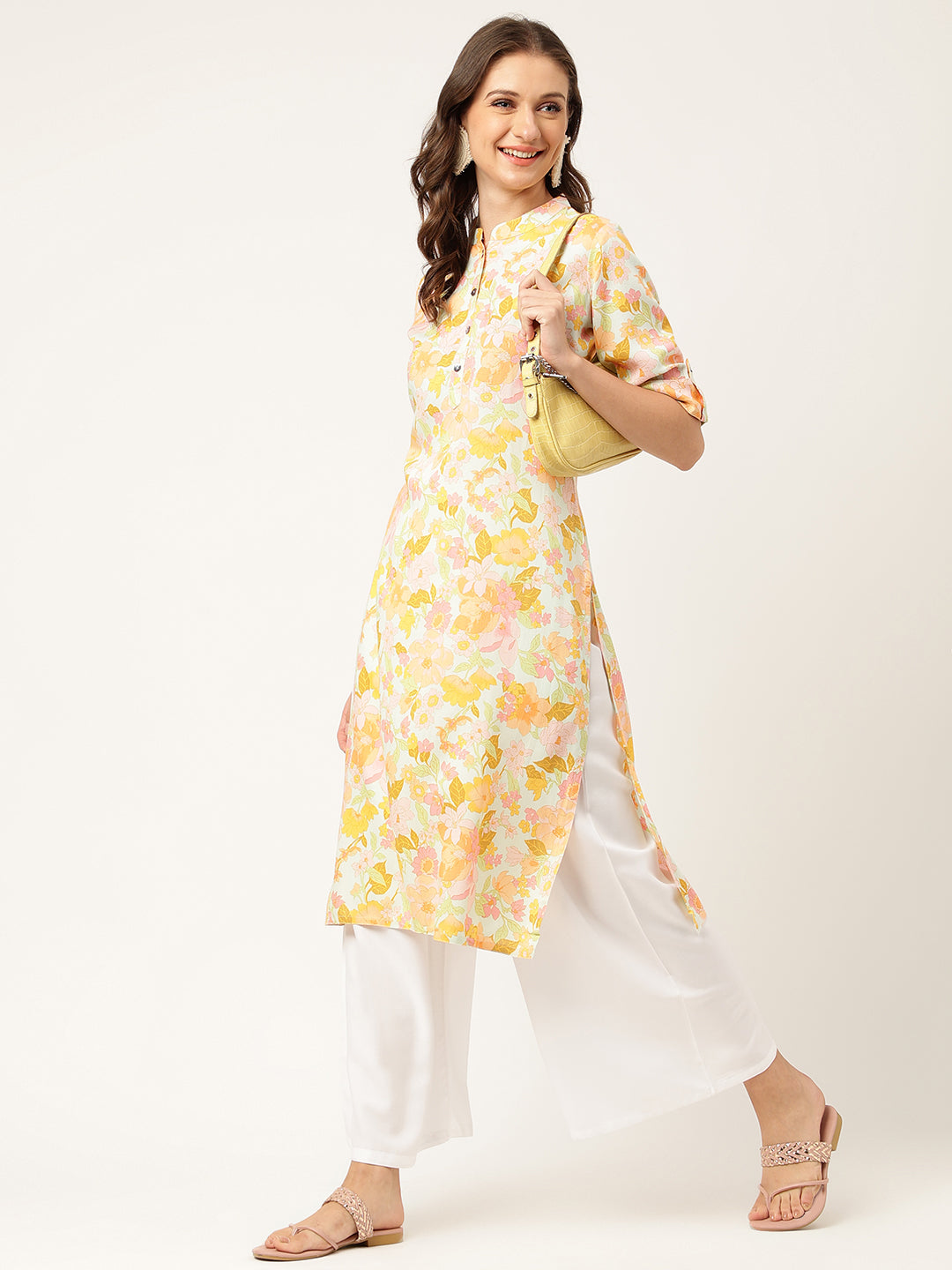 Women's Multi Colored Floral Digital Printed Straight Fold Sleeve Kurta - Taantav