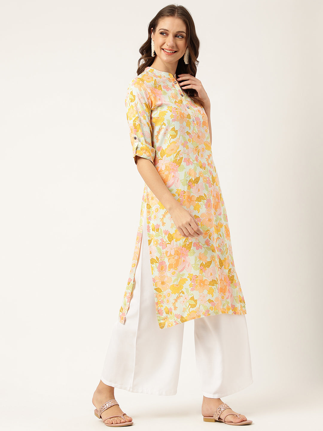 Women's Multi Colored Floral Digital Printed Straight Fold Sleeve Kurta - Taantav