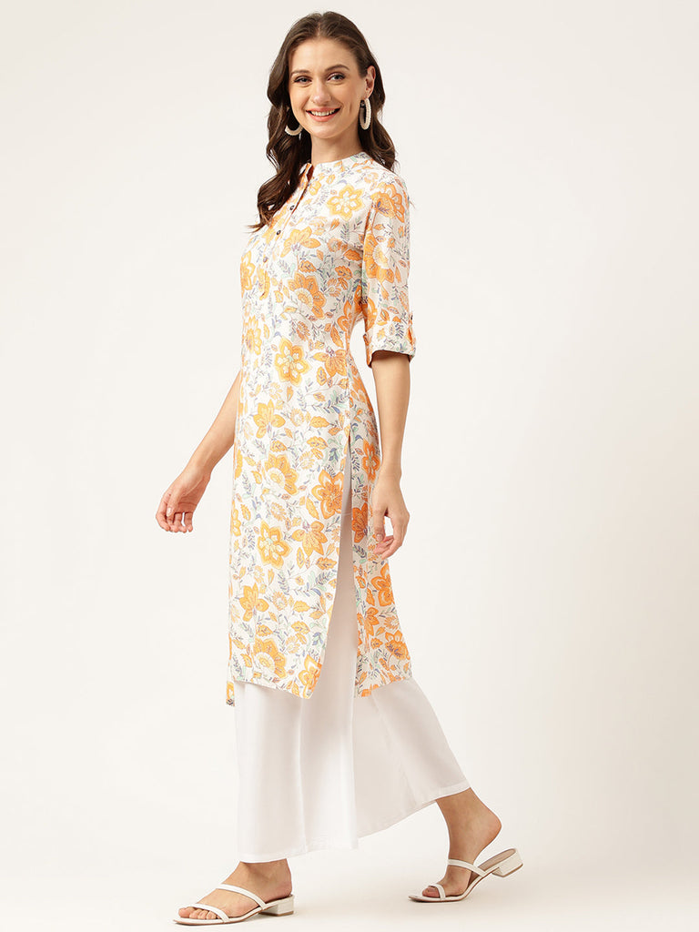Women's Multi Color Floral Digital Printed Straight Fold Sleeve Kurta