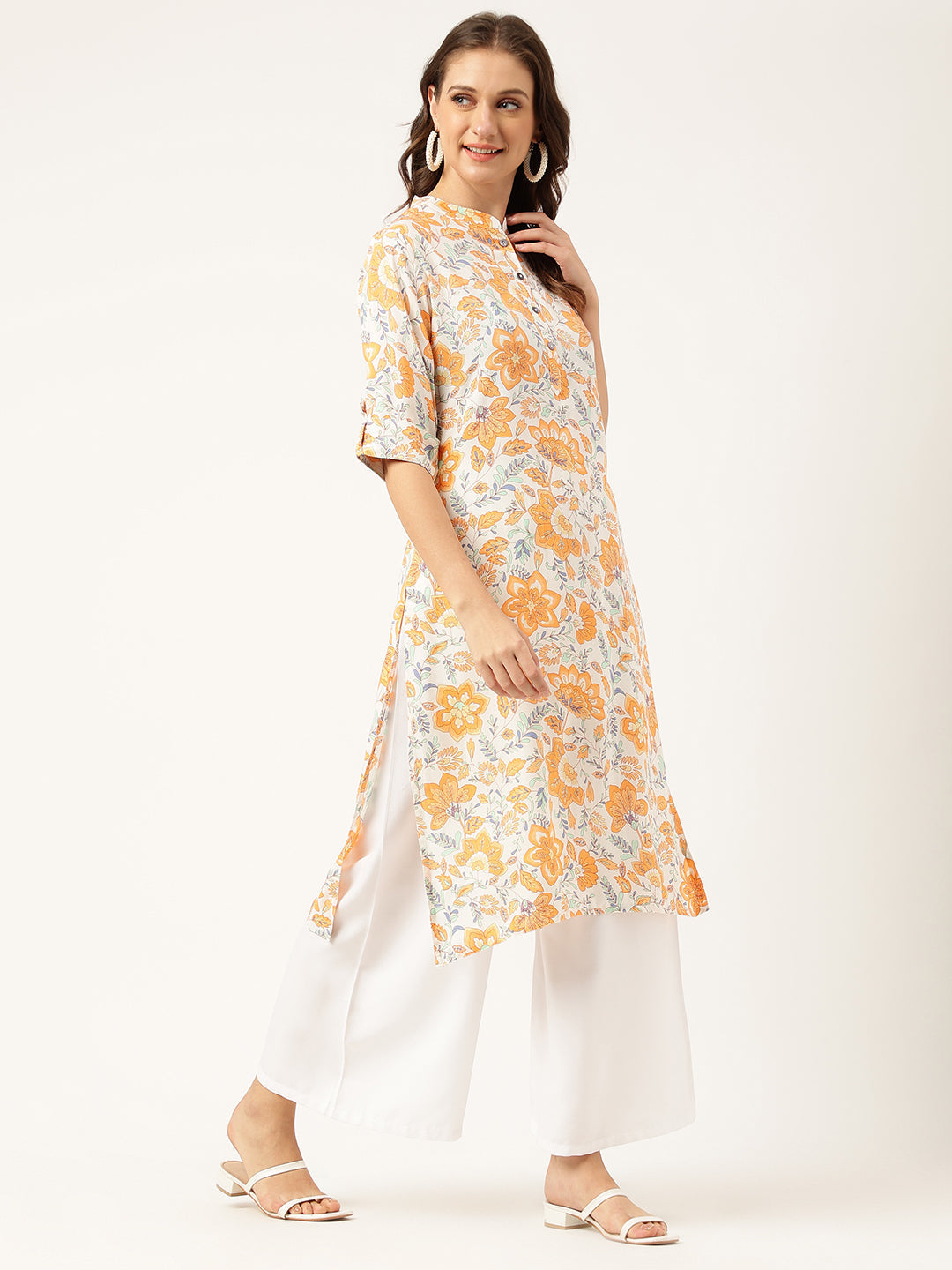 Women's Multi Color Floral Digital Printed Straight Fold Sleeve Kurta - Taantav