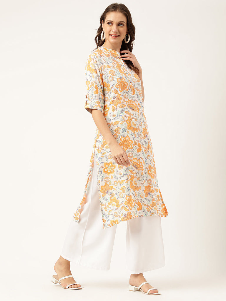 Women's Multi Color Floral Digital Printed Straight Fold Sleeve Kurta