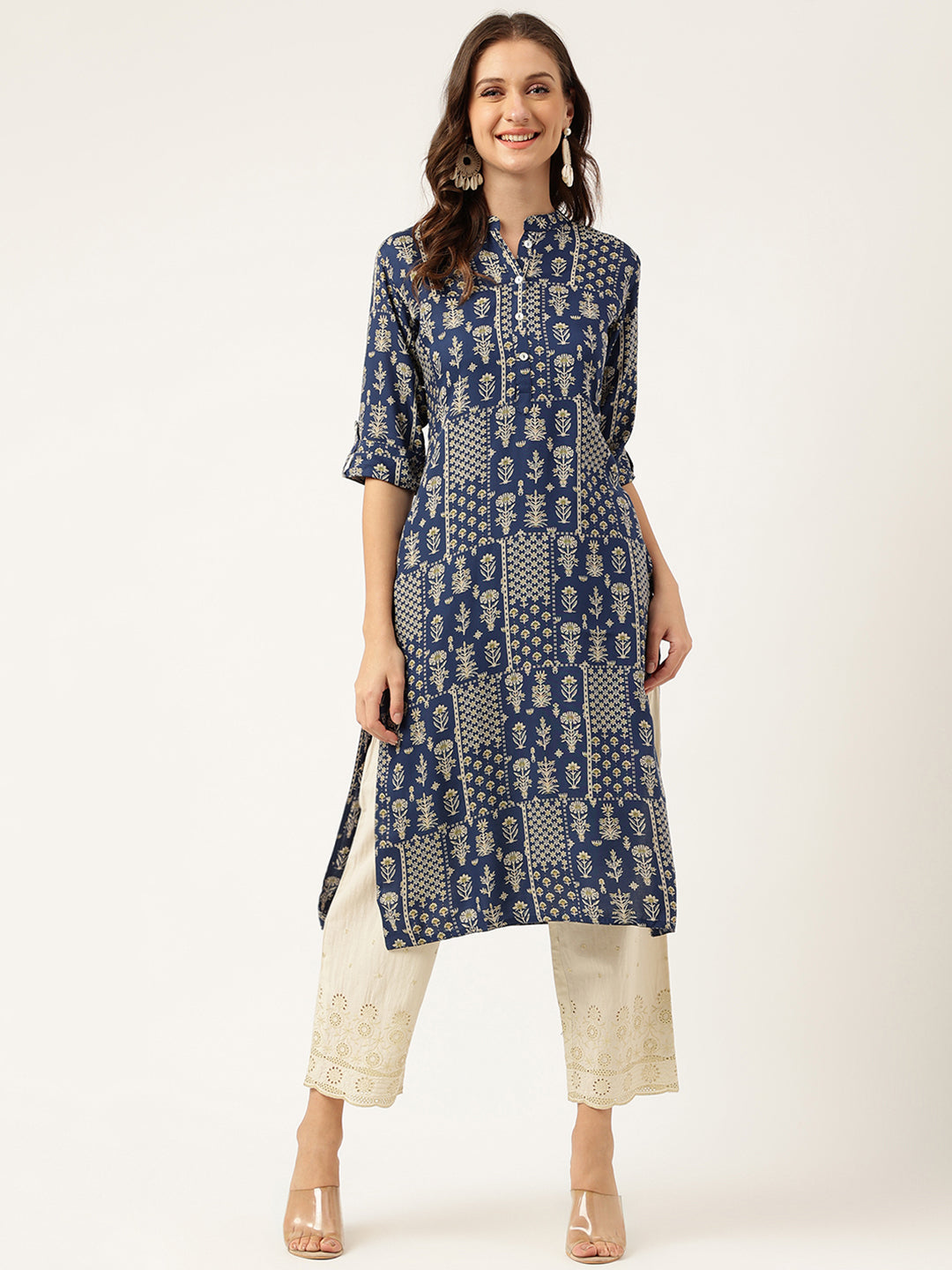 Women's Navy Floral Digital Printed Straight Fold Sleeve Kurta - Taantav