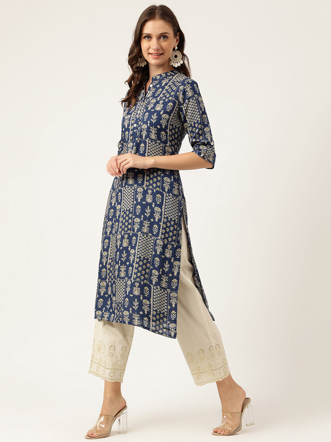 Women's Navy Floral Digital Printed Straight Fold Sleeve Kurta - Taantav