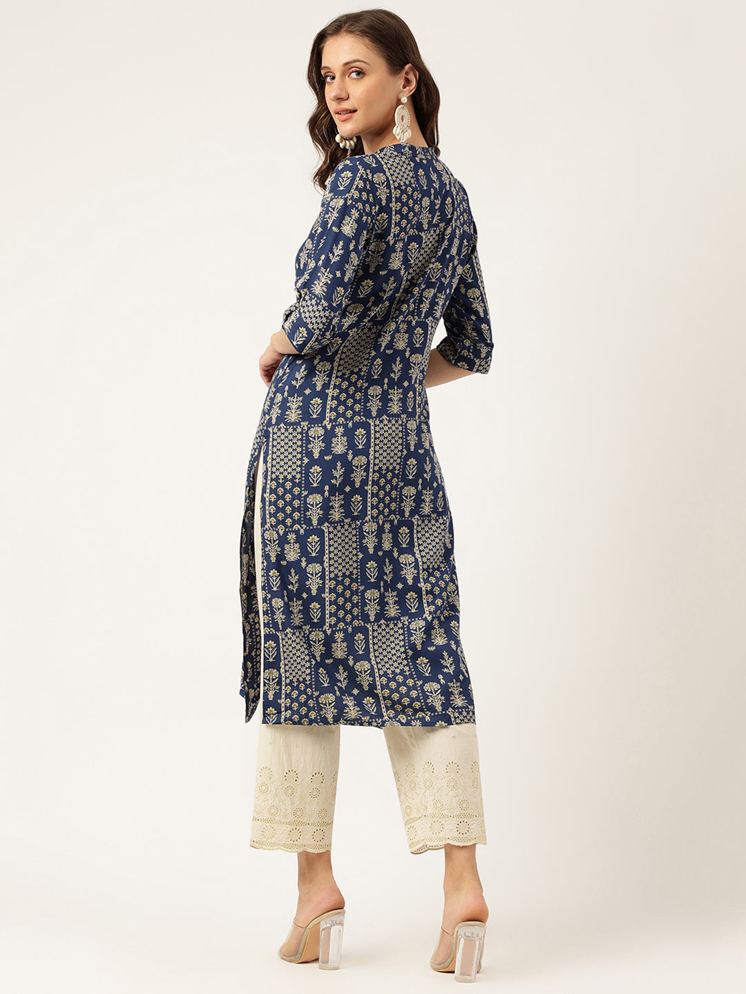 Women's Navy Floral Digital Printed Straight Fold Sleeve Kurta - Taantav