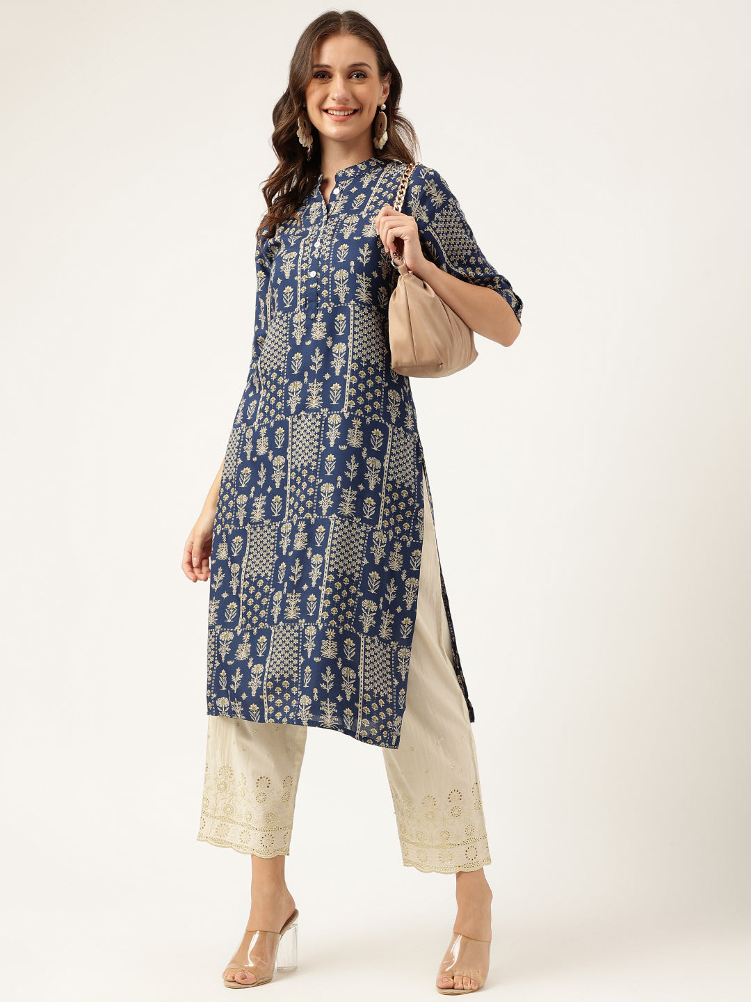 Women's Navy Floral Digital Printed Straight Fold Sleeve Kurta - Taantav