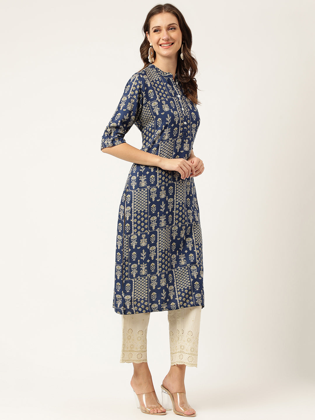 Women's Navy Floral Digital Printed Straight Fold Sleeve Kurta - Taantav