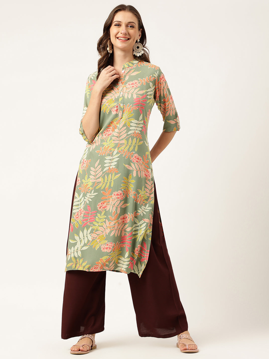 Women's Green Floral Digital Printed Straight Fold Sleeve Kurta - Taantav