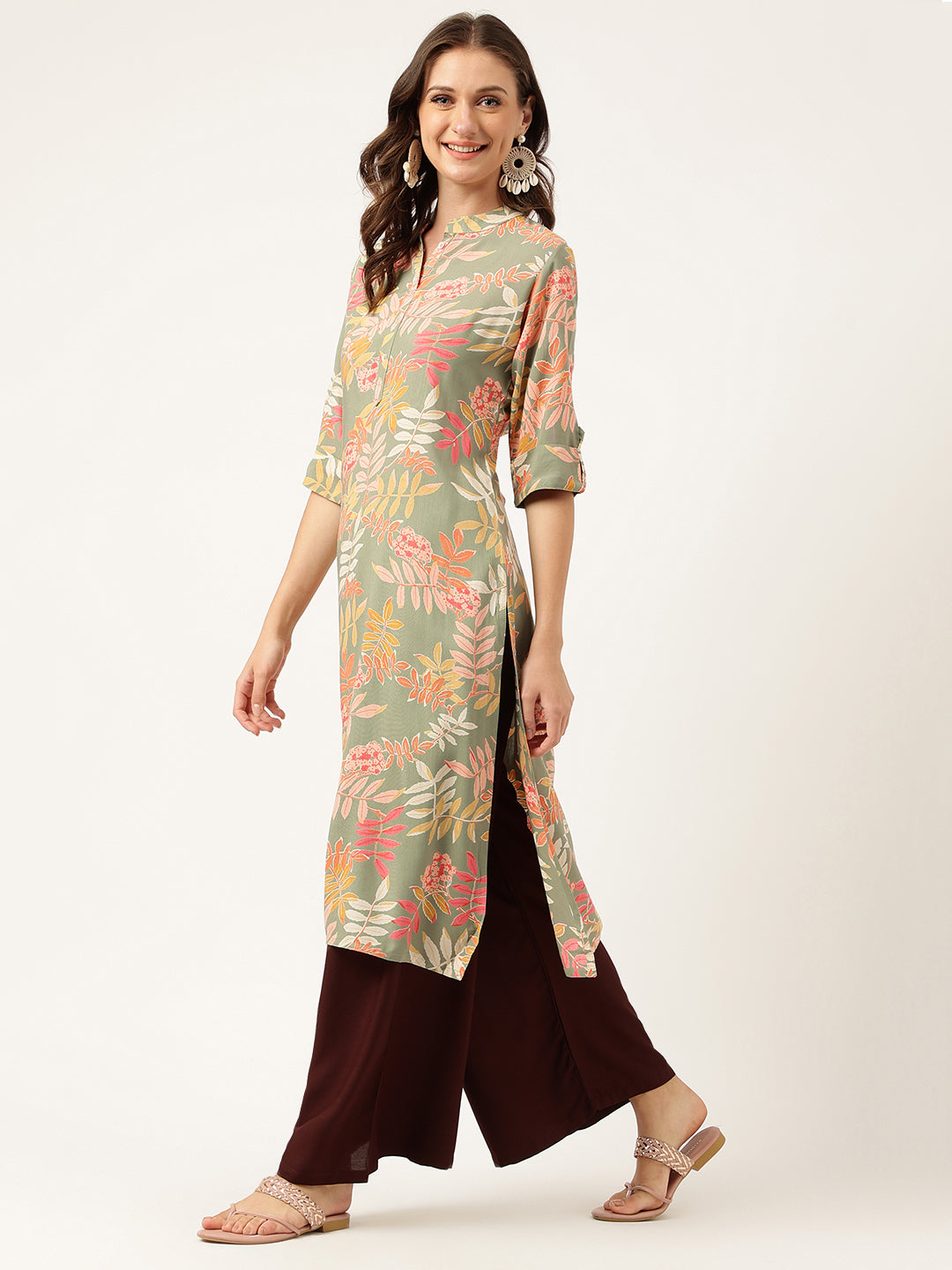 Women's Green Floral Digital Printed Straight Fold Sleeve Kurta - Taantav