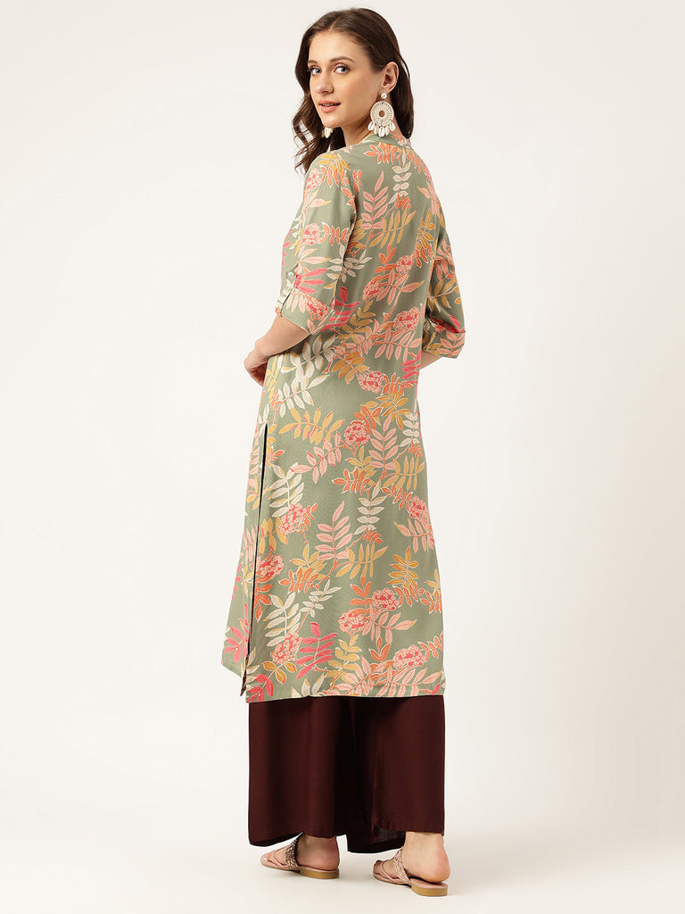 Women's Green Floral Digital Printed Straight Fold Sleeve Kurta