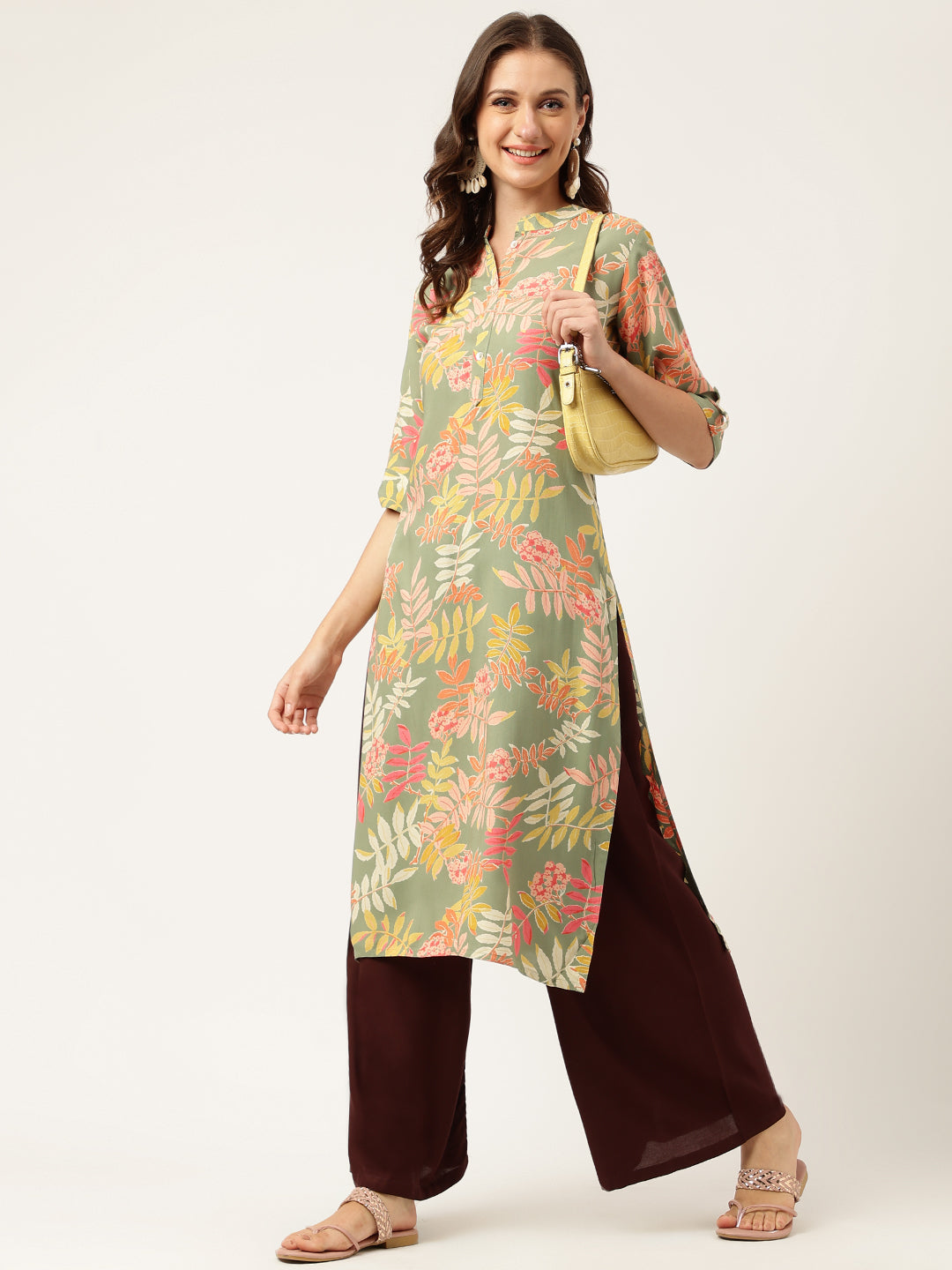 Women's Green Floral Digital Printed Straight Fold Sleeve Kurta - Taantav