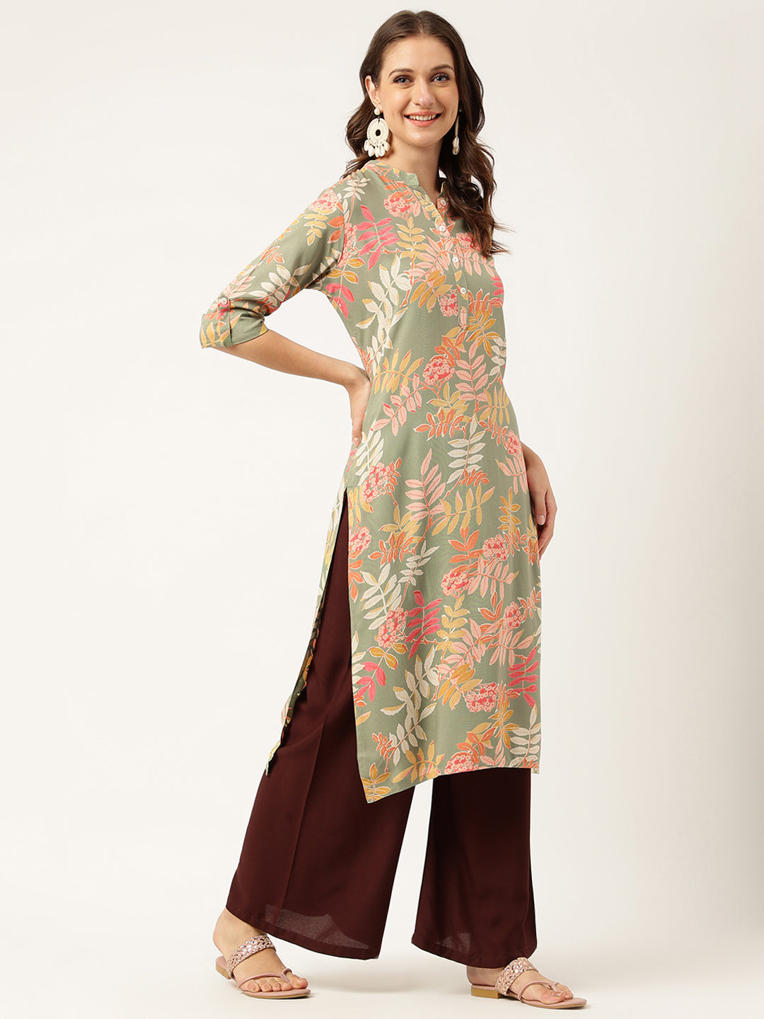 Women's Green Floral Digital Printed Straight Fold Sleeve Kurta - Taantav