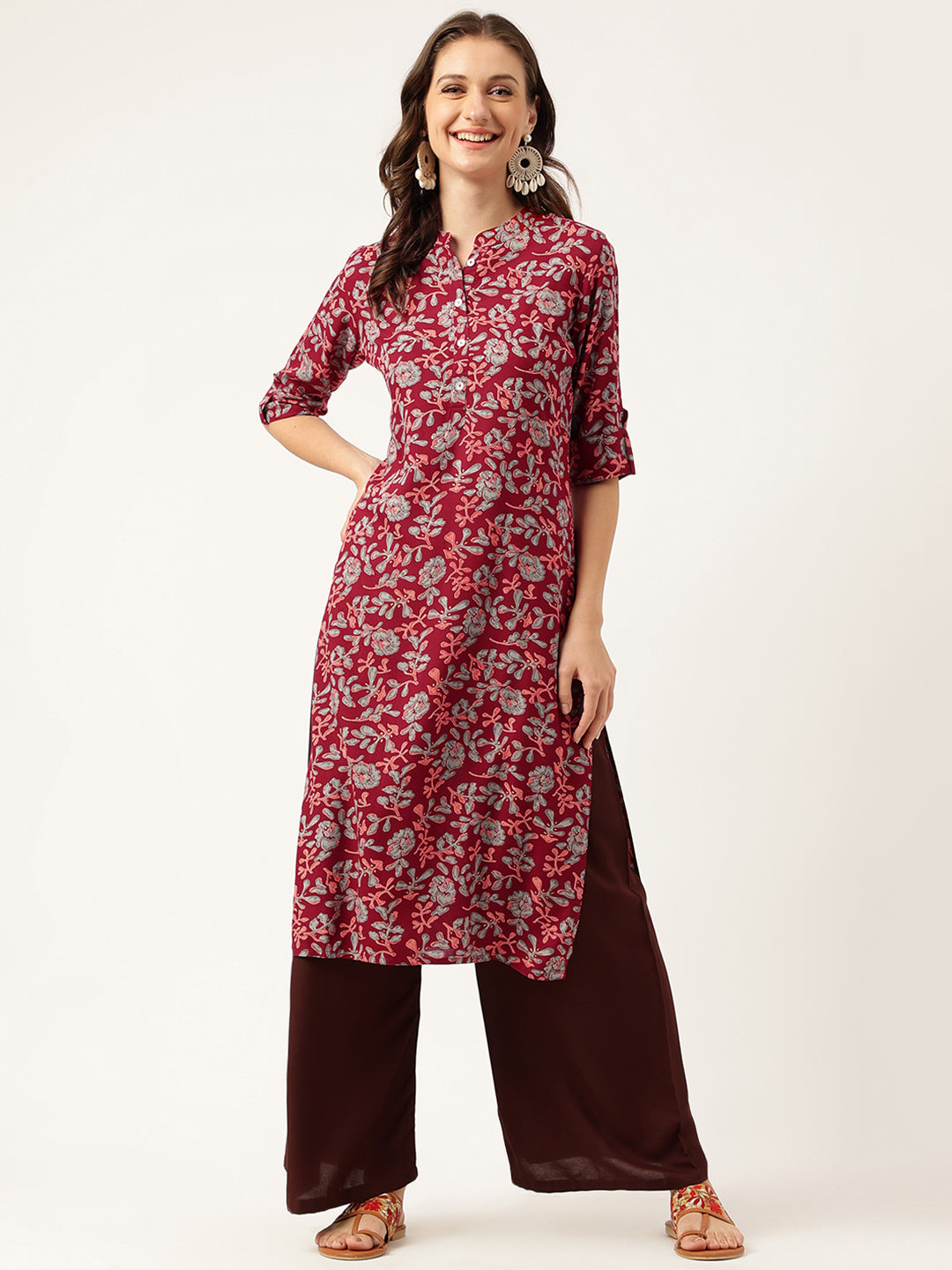 Women's Maroon Floral Digital Printed Straight Fold Sleeve Kurta - Taantav