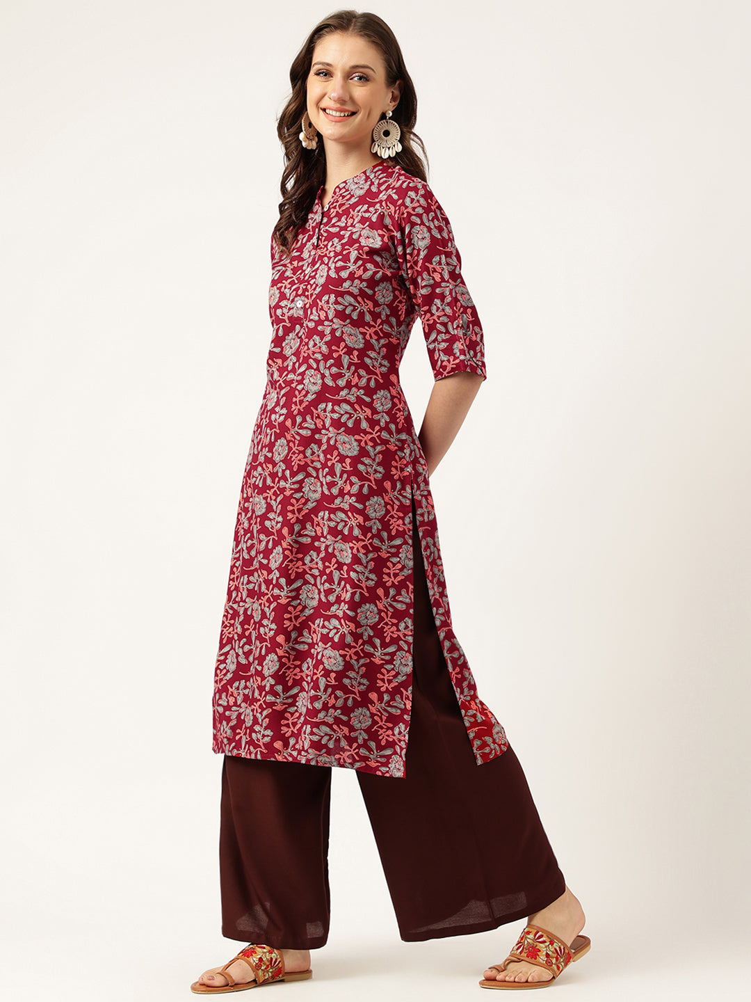 Women's Maroon Floral Digital Printed Straight Fold Sleeve Kurta - Taantav