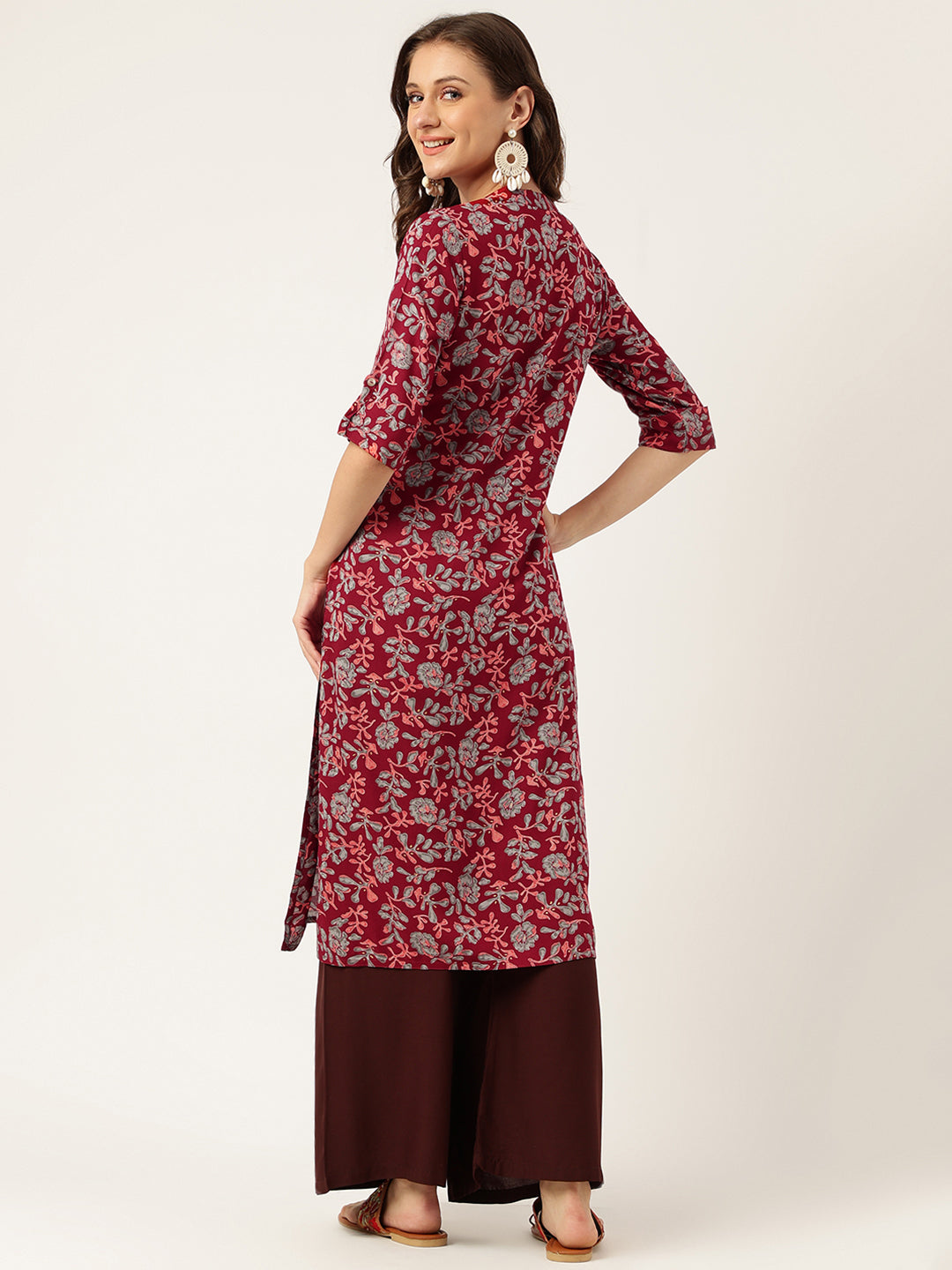 Women's Maroon Floral Digital Printed Straight Fold Sleeve Kurta - Taantav