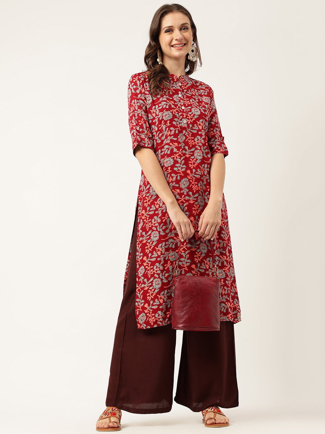 Women's Maroon Floral Digital Printed Straight Fold Sleeve Kurta - Taantav