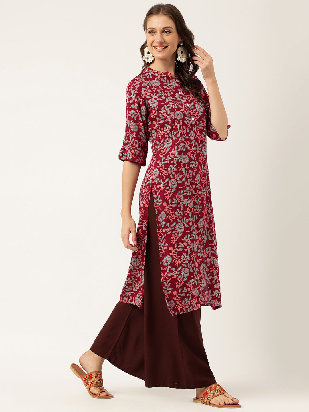 Women's Maroon Floral Digital Printed Straight Fold Sleeve Kurta - Taantav