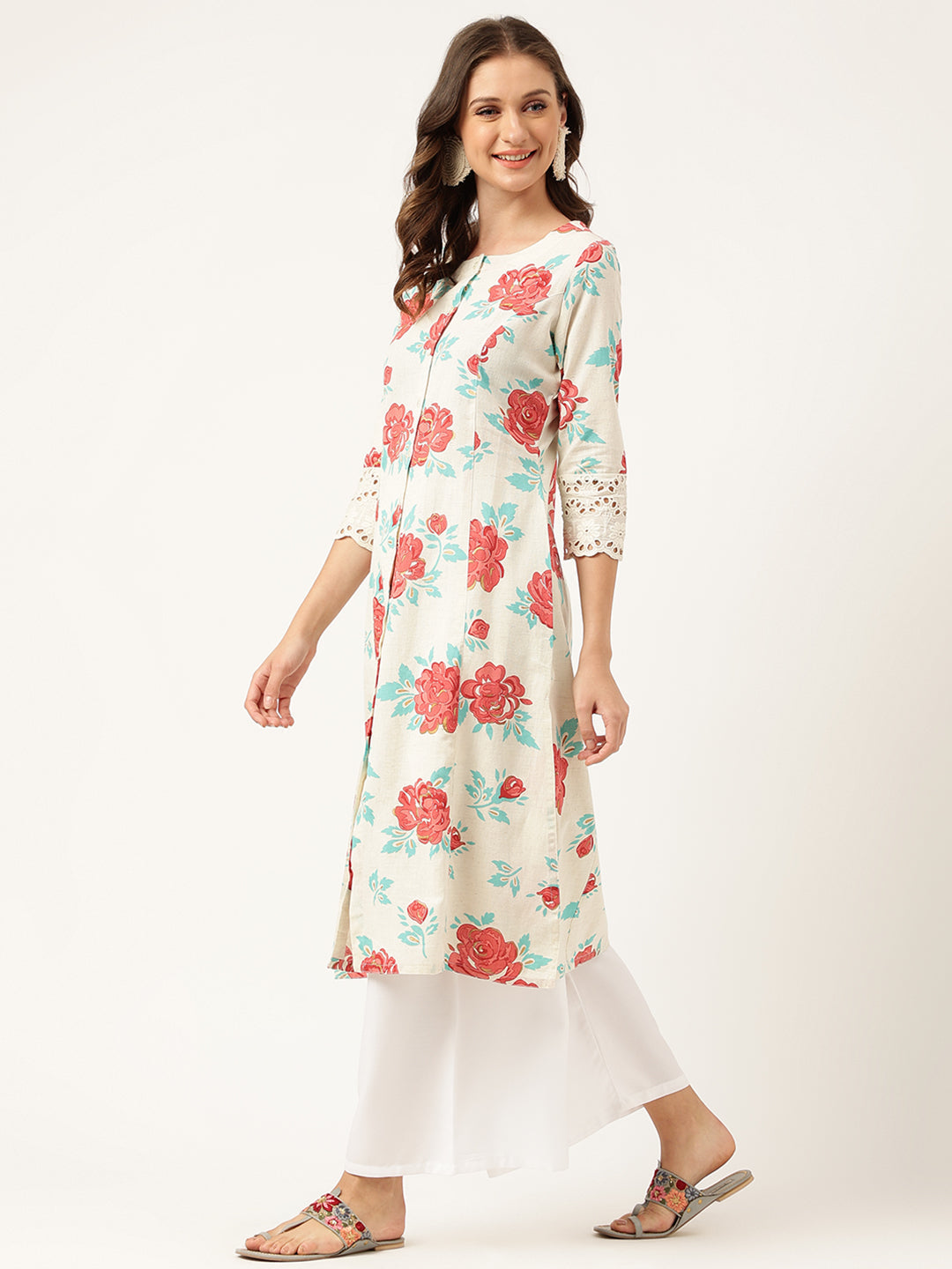 Women's Cream Floral Printed Cotton A-Line Kurta - Taantav