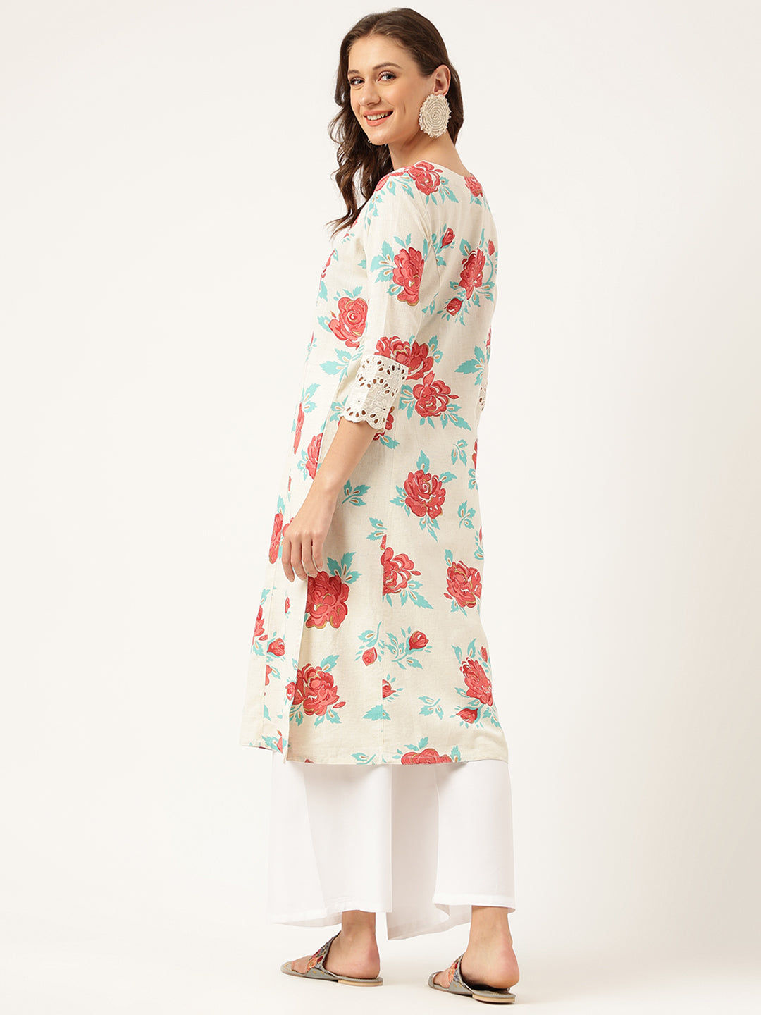 Women's Cream Floral Printed Cotton A-Line Kurta - Taantav