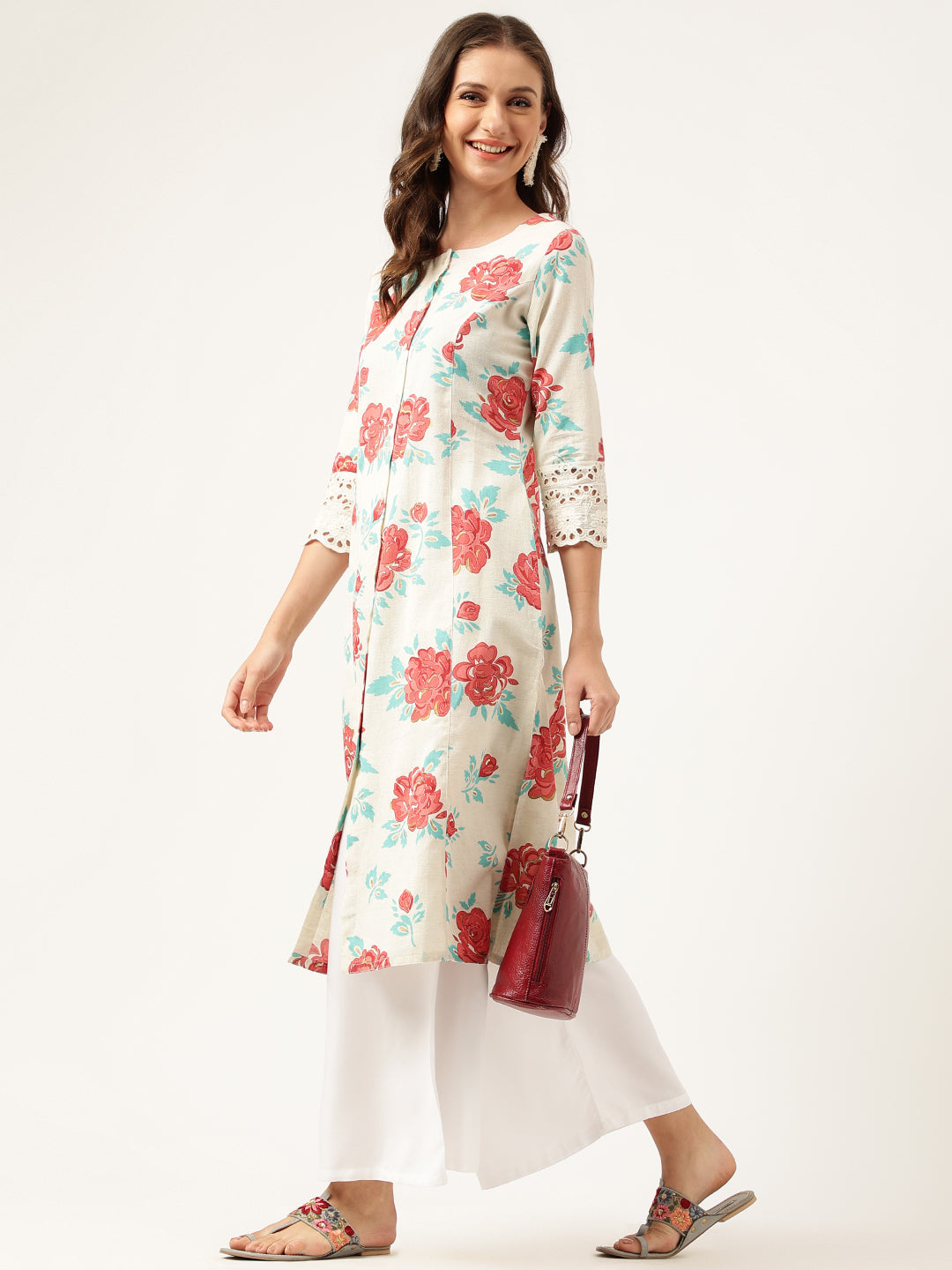 Women's Cream Floral Printed Cotton A-Line Kurta - Taantav