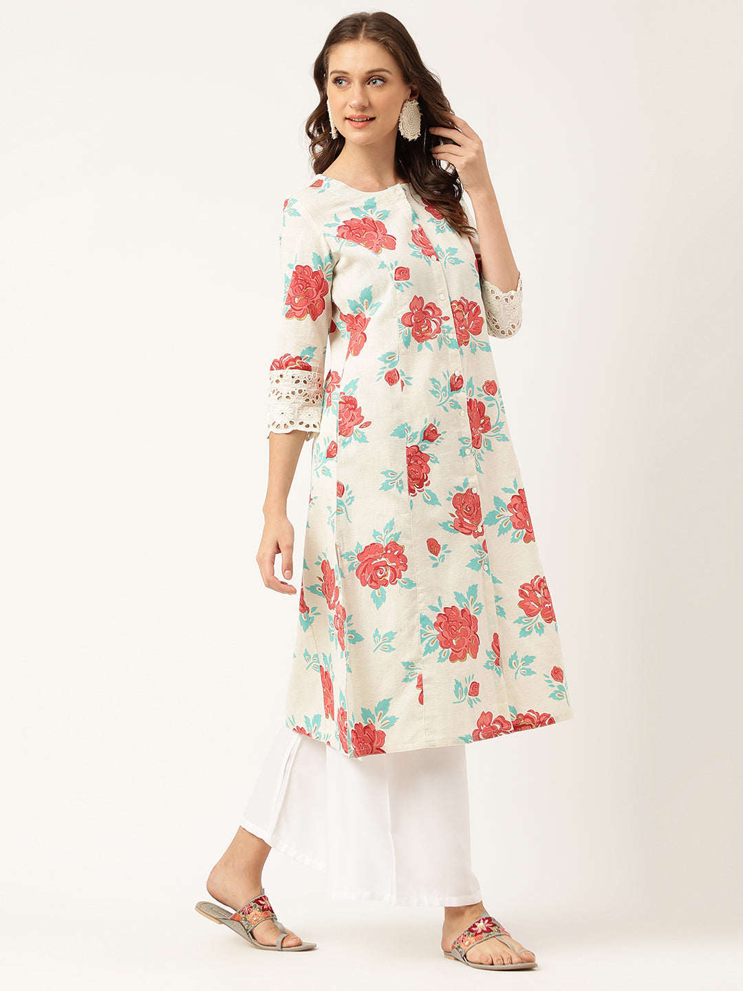 Women's Cream Floral Printed Cotton A-Line Kurta - Taantav