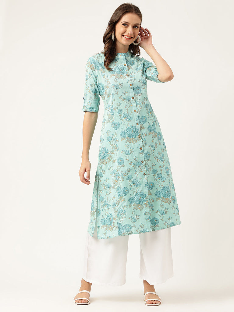 Women's Sea Green Floral Printed Cotton A-Line Kurta