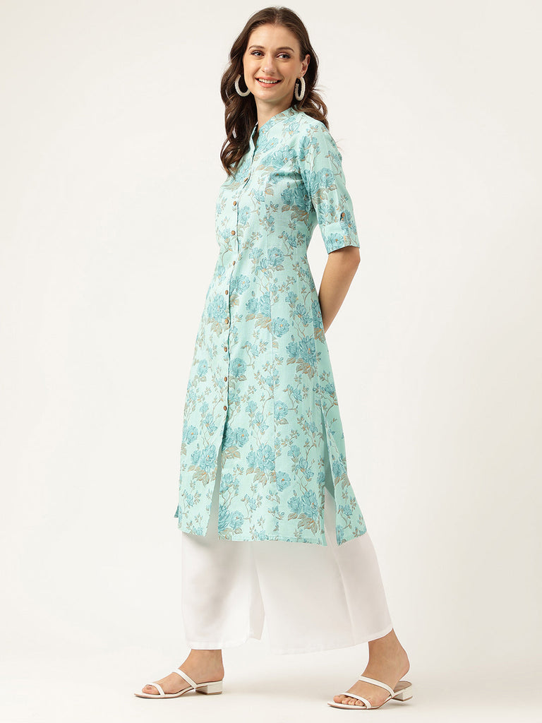 Women's Sea Green Floral Printed Cotton A-Line Kurta