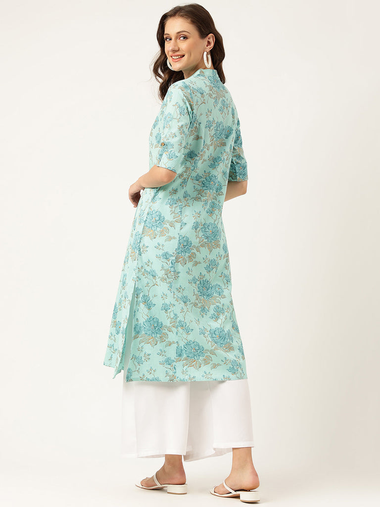 Women's Sea Green Floral Printed Cotton A-Line Kurta